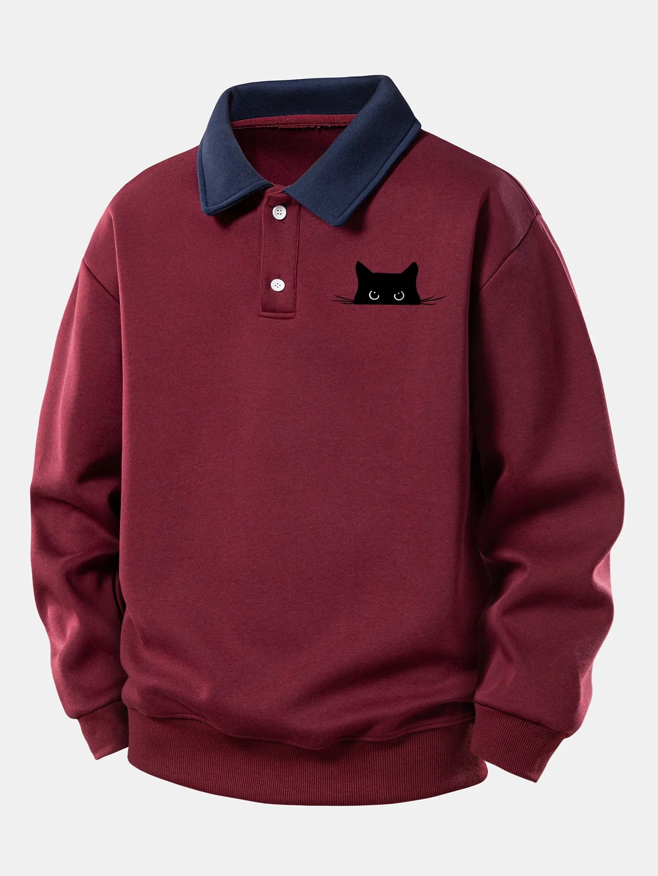 Relaxed Fit Schwarzes Katzenmotiv Kontrast Poloshirts Sweatshirt - Image 4