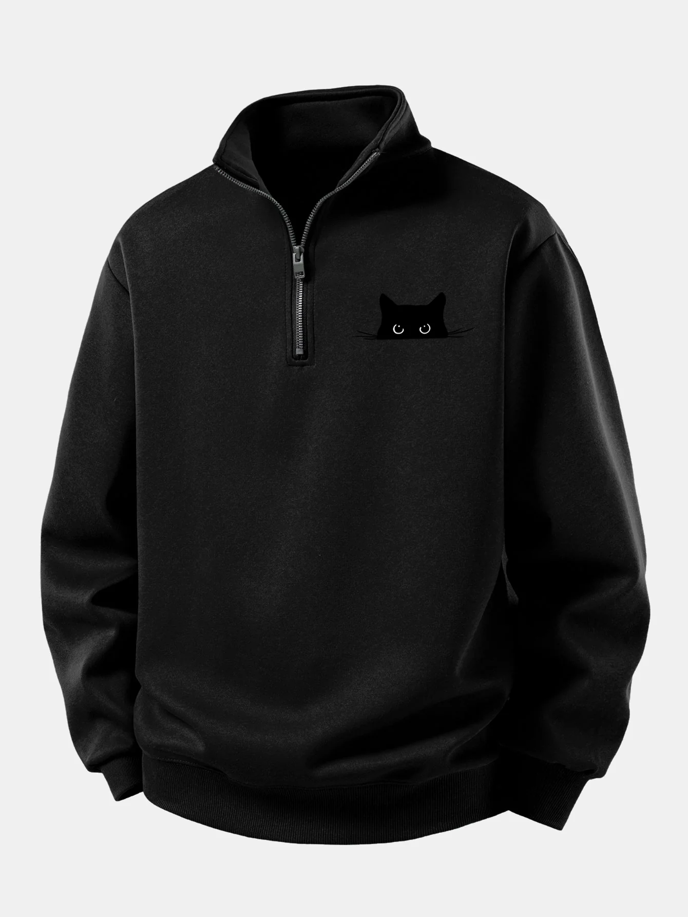 Relax Fit Black Cat Print Quarter Zip Sweatshirt - Image 3