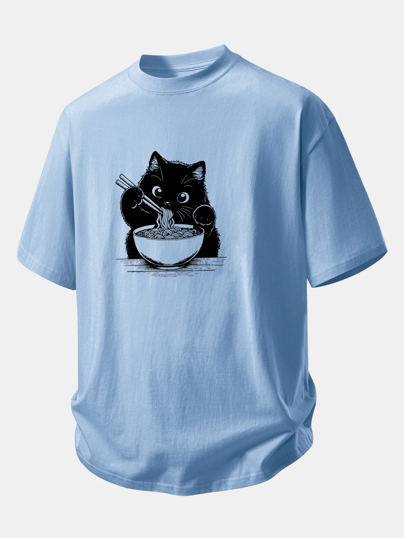 Relax Fit Black Cat Ramen Print Cotton T-Shirt - Image 10