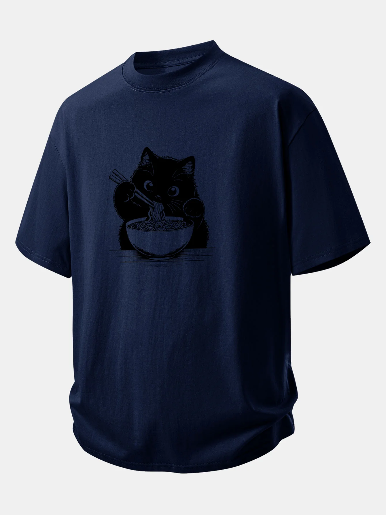 Relax Fit Black Cat Ramen Print Cotton T-Shirt - Image 2