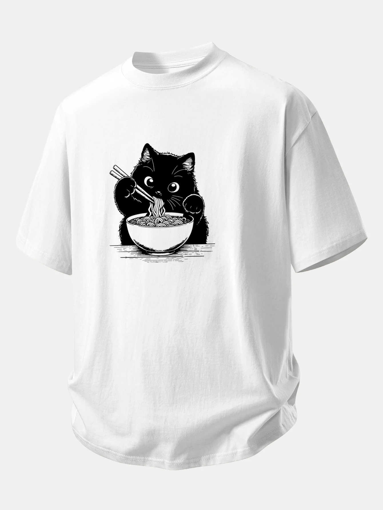 Relax Fit Black Cat Ramen Print Cotton T-Shirt - Image 3