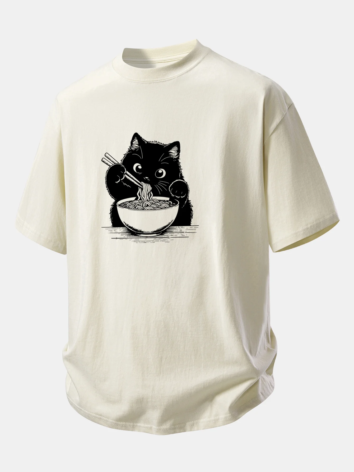 Relax Fit Black Cat Ramen Print Cotton T-Shirt - Image 4