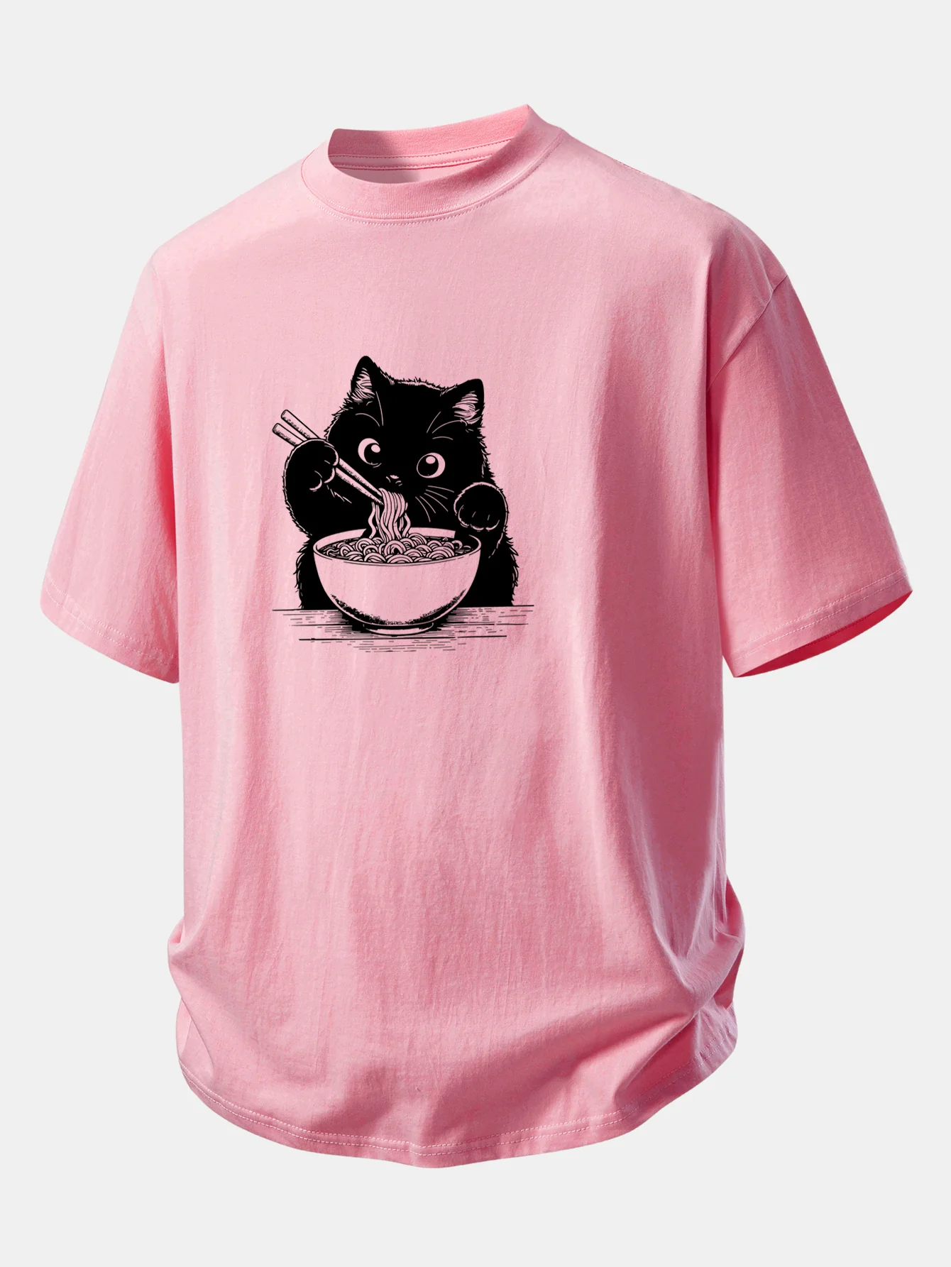 Relax Fit Black Cat Ramen Print Cotton T-Shirt - Image 5