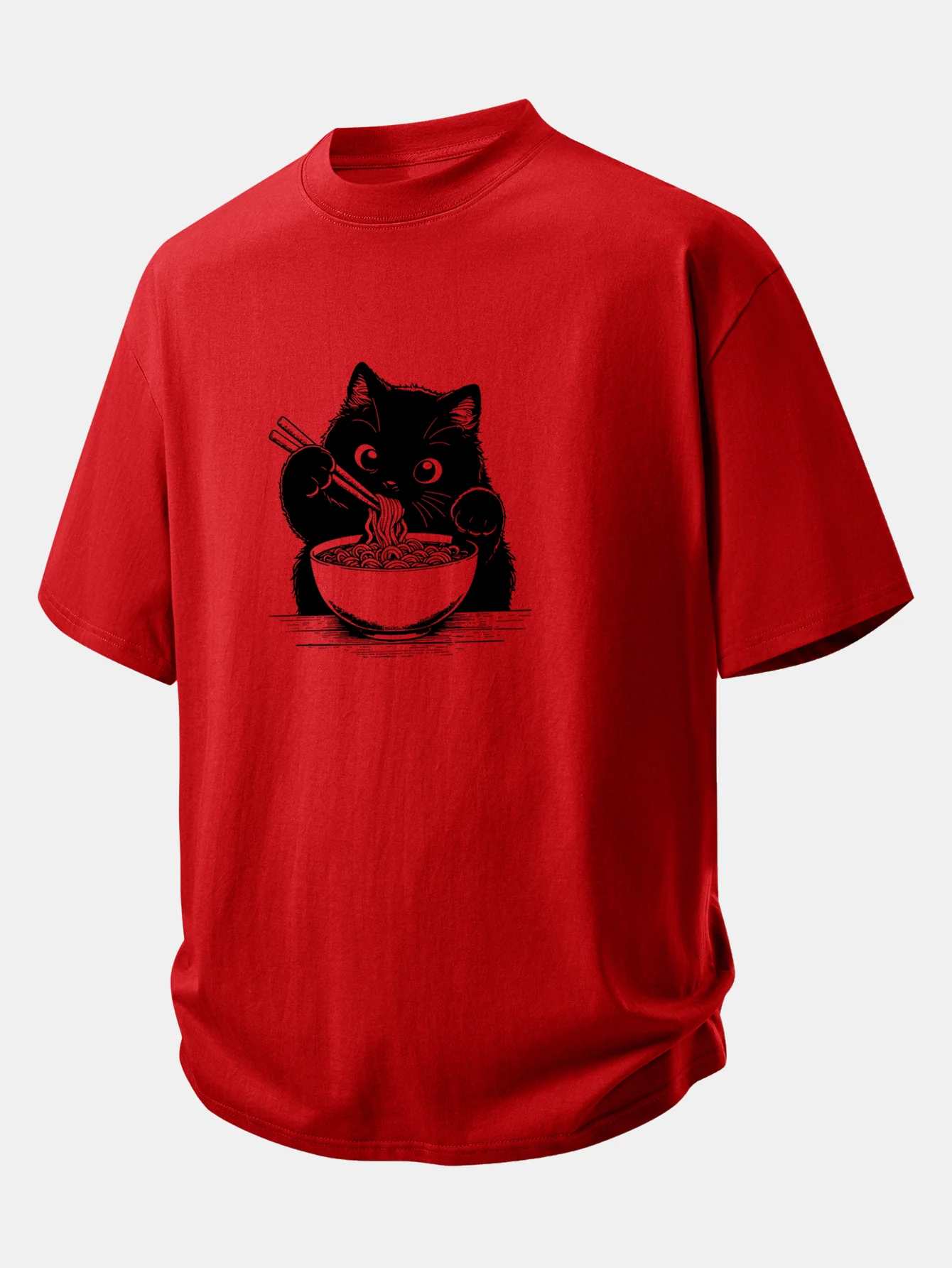Relax Fit Black Cat Ramen Print Cotton T-Shirt - Image 6