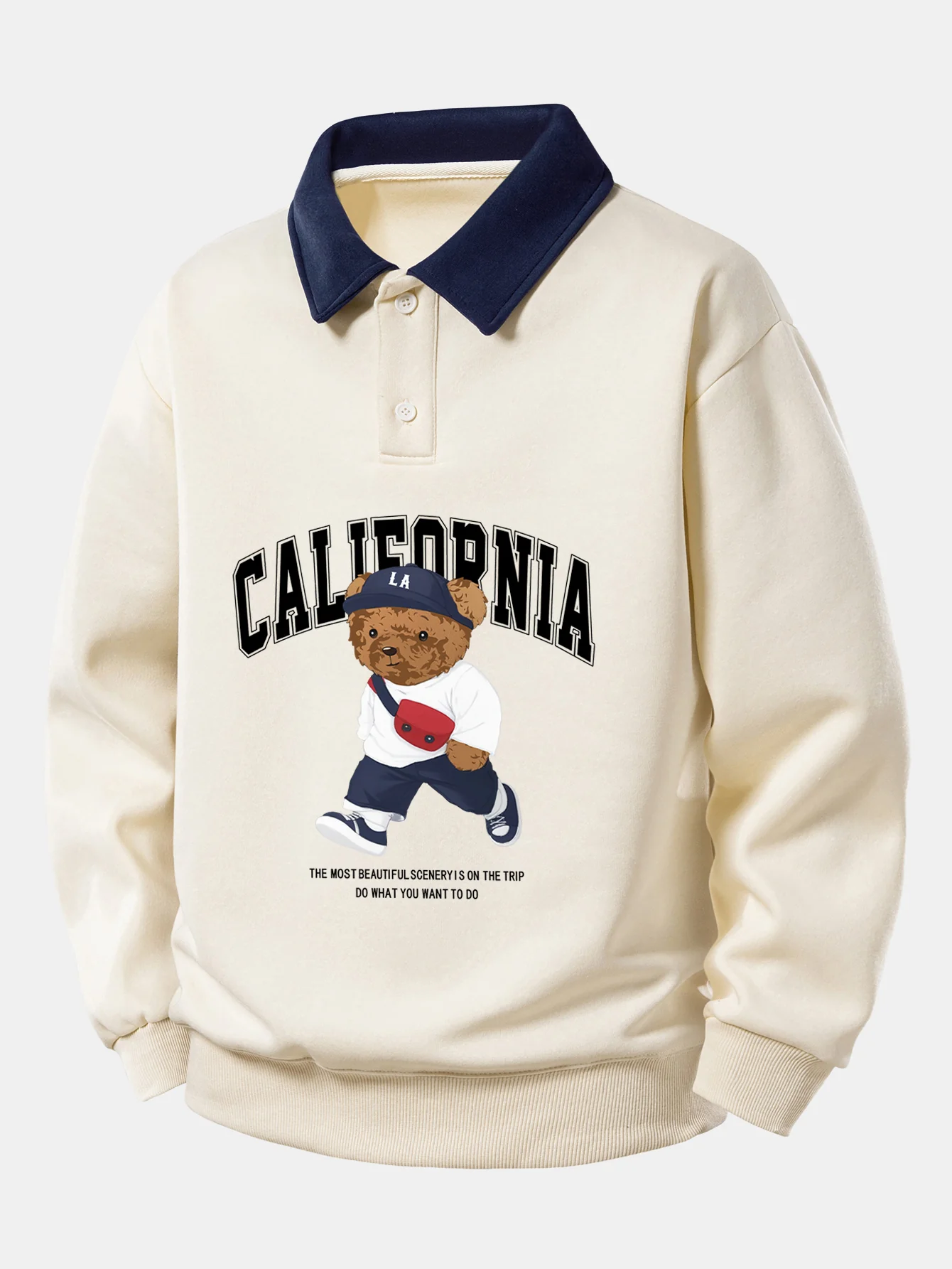 Relaxed Fit California Mode Bärenprint Kontrast Poloshirts Sweatshirt - Image 2