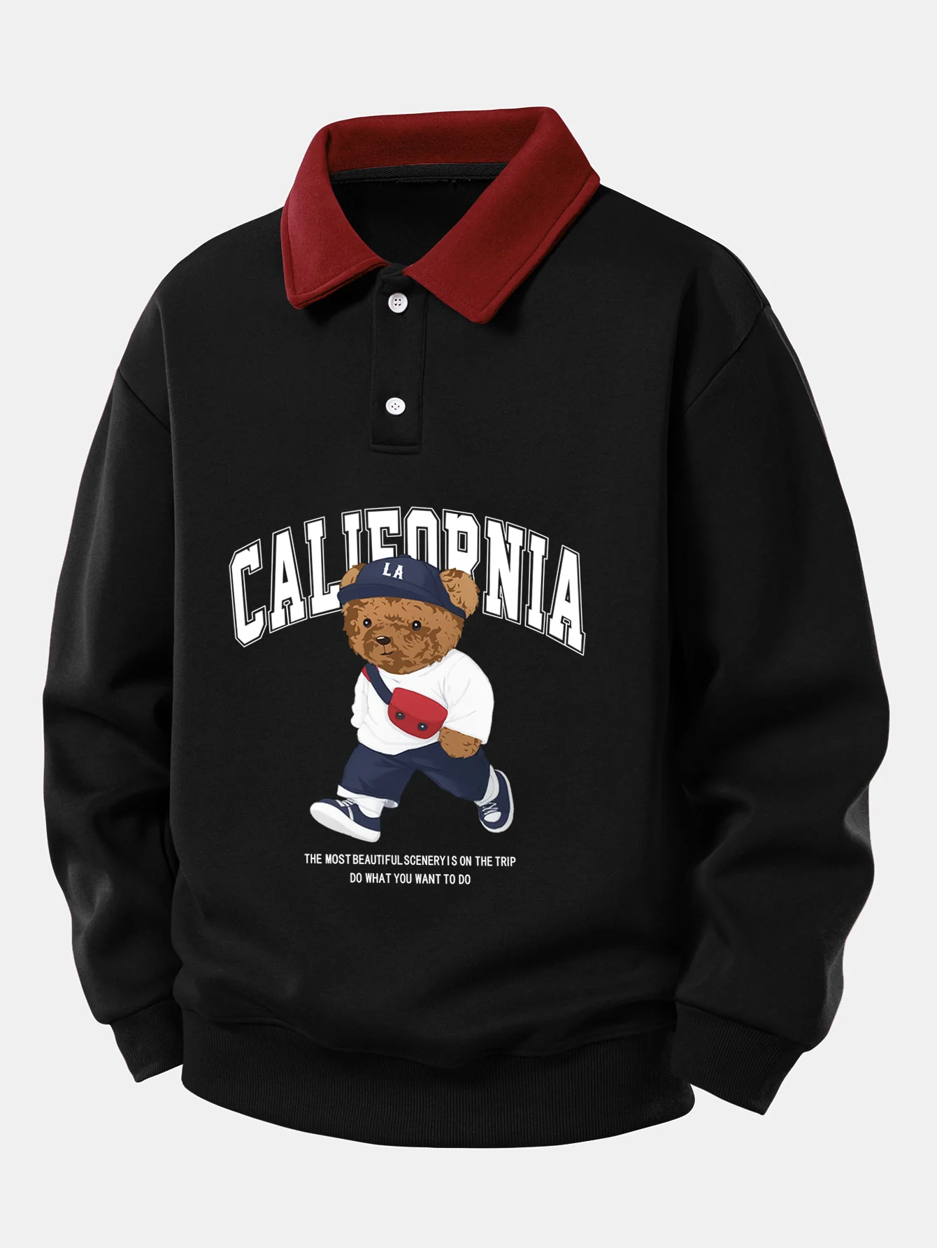 Relaxed Fit California Mode Bärenprint Kontrast Poloshirts Sweatshirt - Image 3