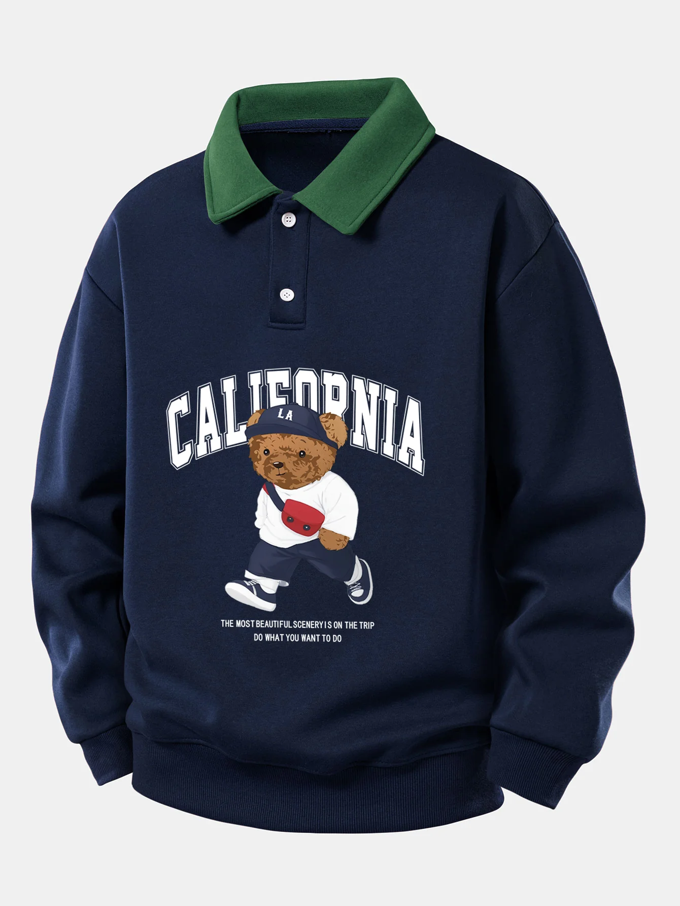 Relaxed Fit California Mode Bärenprint Kontrast Poloshirts Sweatshirt - Image 4