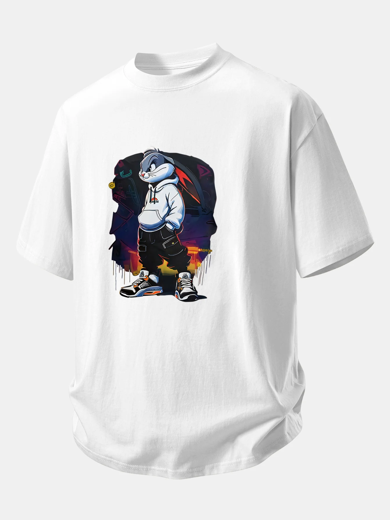 Relax Fit Cartoon Rabbit Print Cotton T-Shirt - Image 3