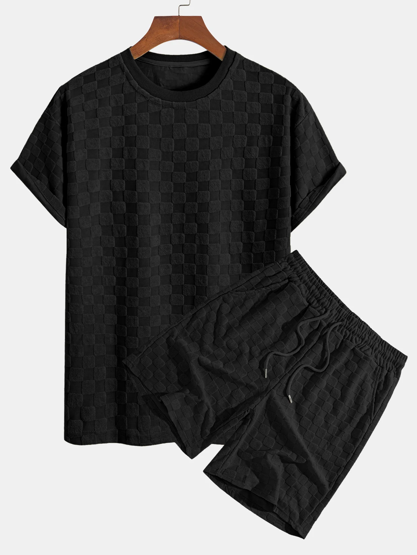 Entspannter Schnitt Schachbrett-Jacquard Freizeit T-Shirt & Shorts Set - Image 2