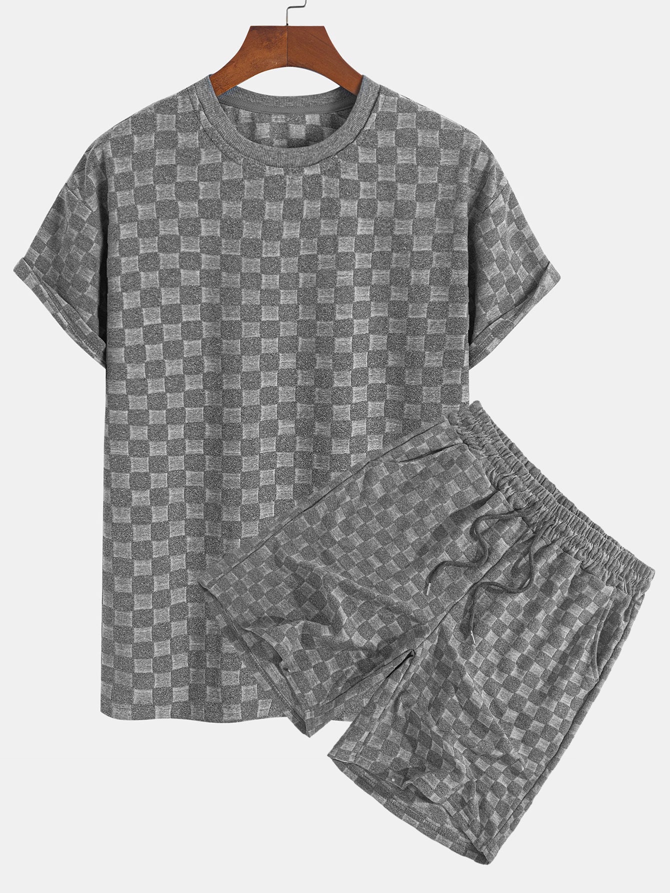 Entspannter Schnitt Schachbrett-Jacquard Freizeit T-Shirt & Shorts Set - Image 3