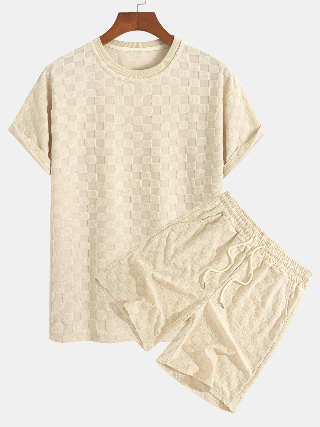 Entspannter Schnitt Schachbrett-Jacquard Freizeit T-Shirt & Shorts Set - Image 4