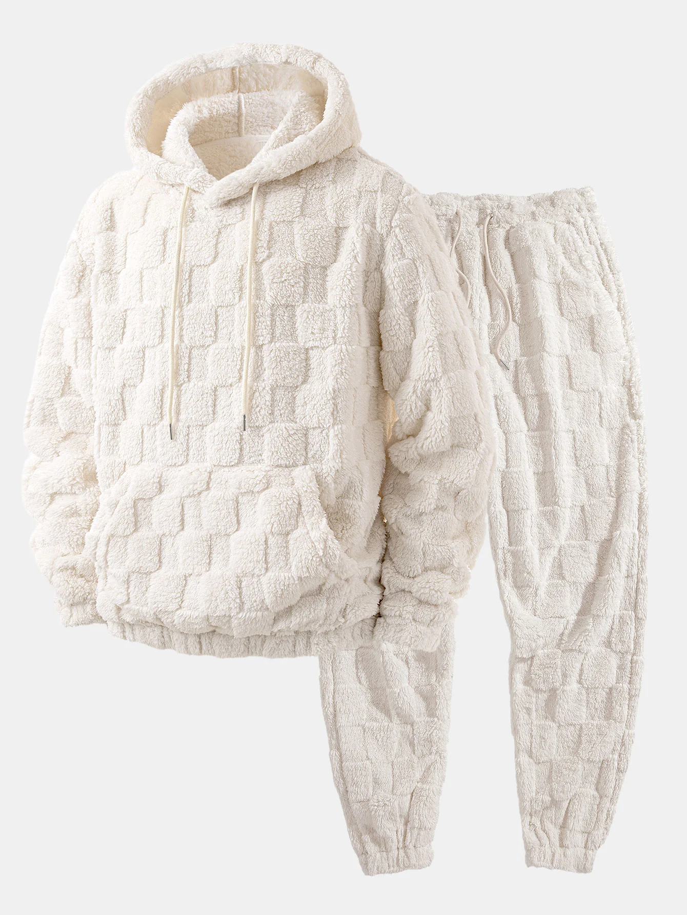 Relax Fit Checkerboard Kangaroo Pocket Teddy Hoodie & Jogger Pants - Image 2