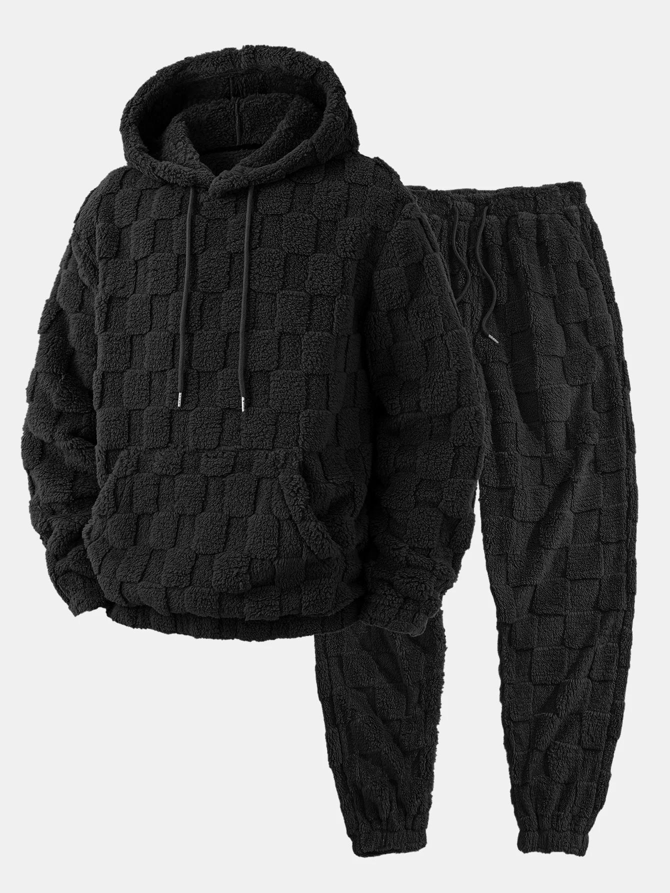 Relax Fit Checkerboard Kangaroo Pocket Teddy Hoodie & Jogger Pants - Image 3