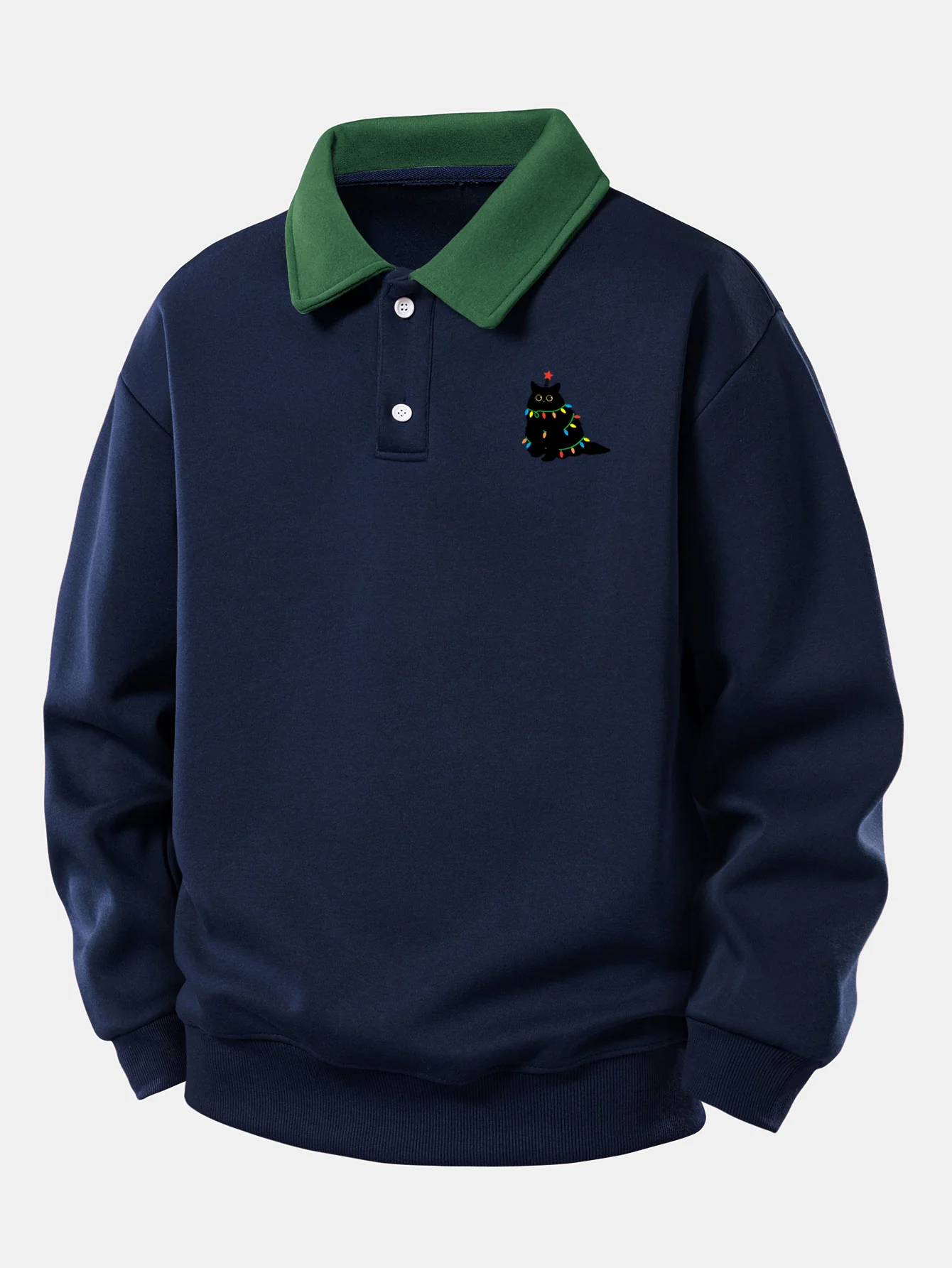 Relax Fit Christmas Colorful Light Black Cat Print Contrast Polo Sweatshirt - Image 2