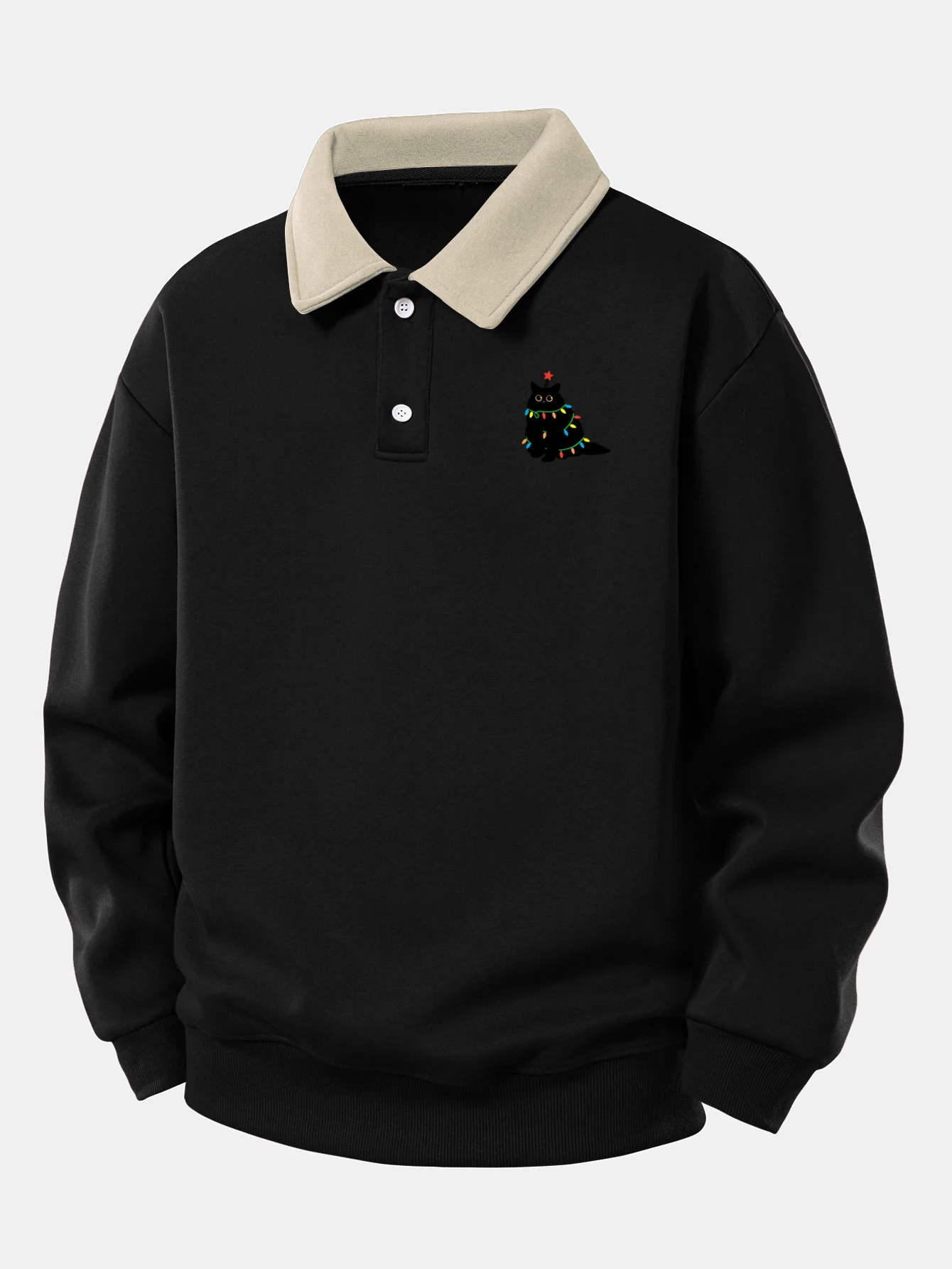 Relax Fit Christmas Colorful Light Black Cat Print Contrast Polo Sweatshirt - Image 4