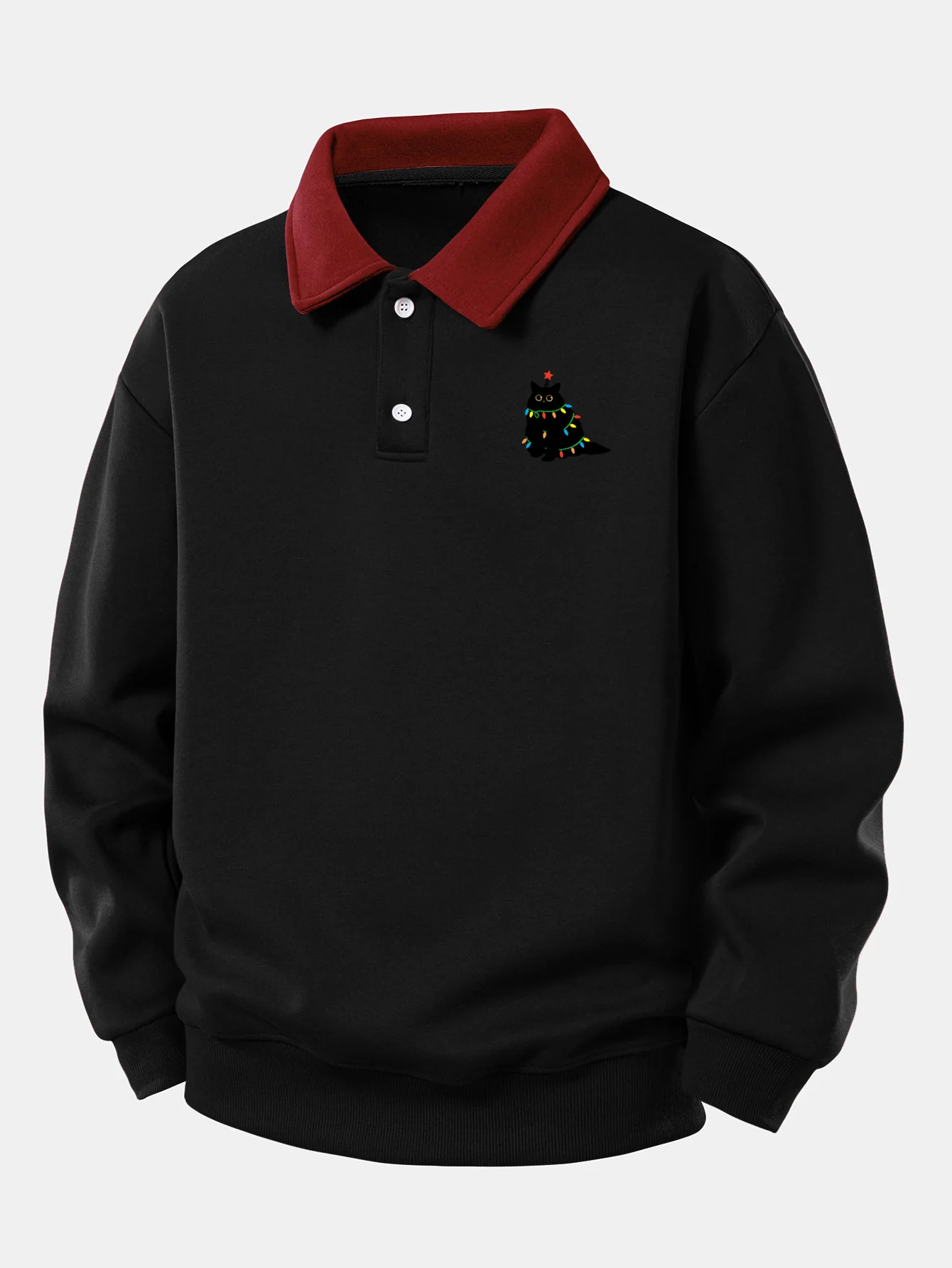 Relax Fit Christmas Colorful Light Black Cat Print Contrast Polo Sweatshirt - Image 5
