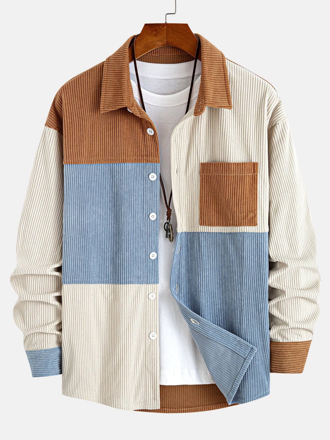 Relax Fit Color Block Corduroy Button Up Shirt - Image 3