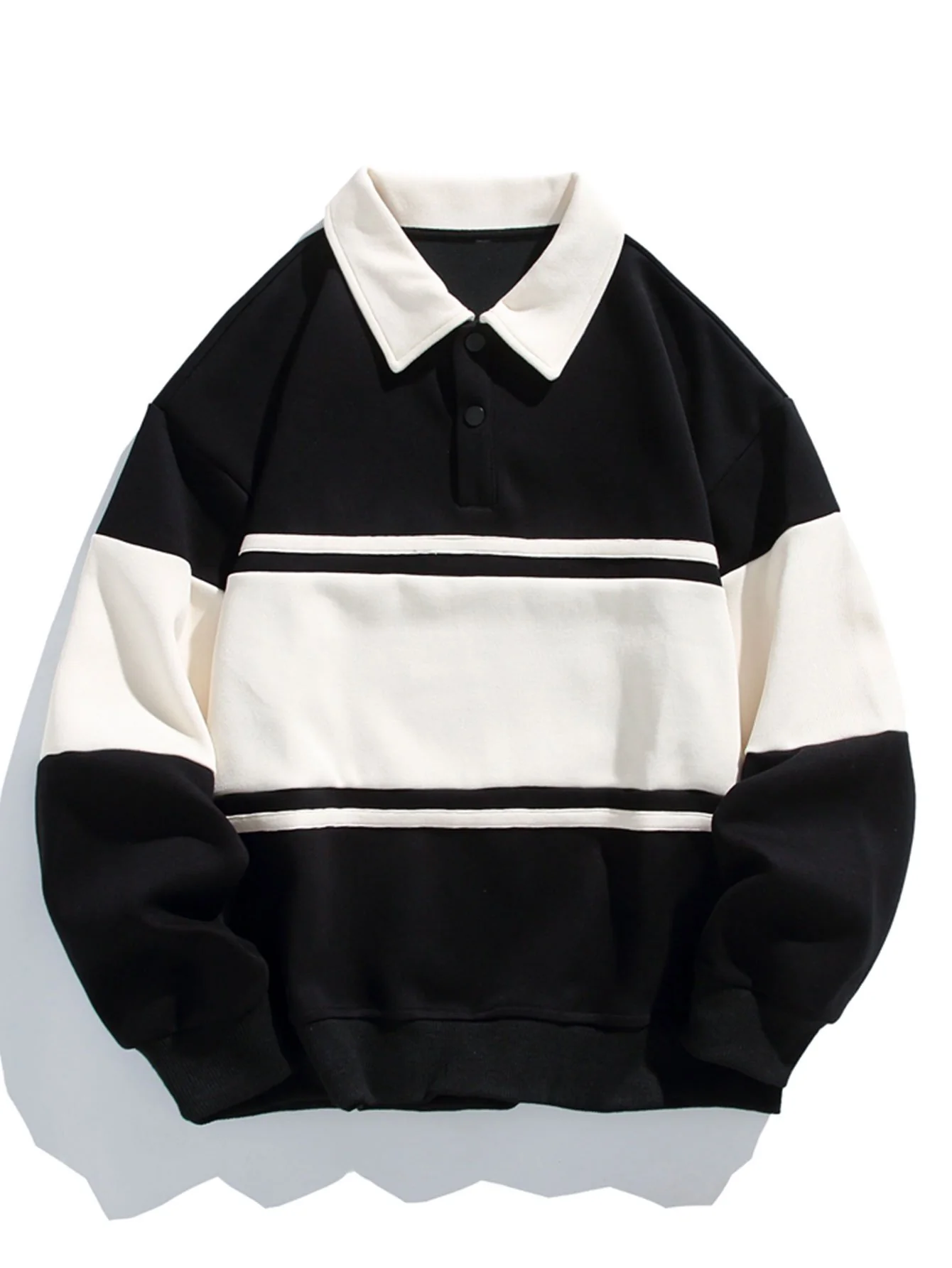 Relaxed Fit Farbblock Patchwork Polo Sweatshirt - Image 3