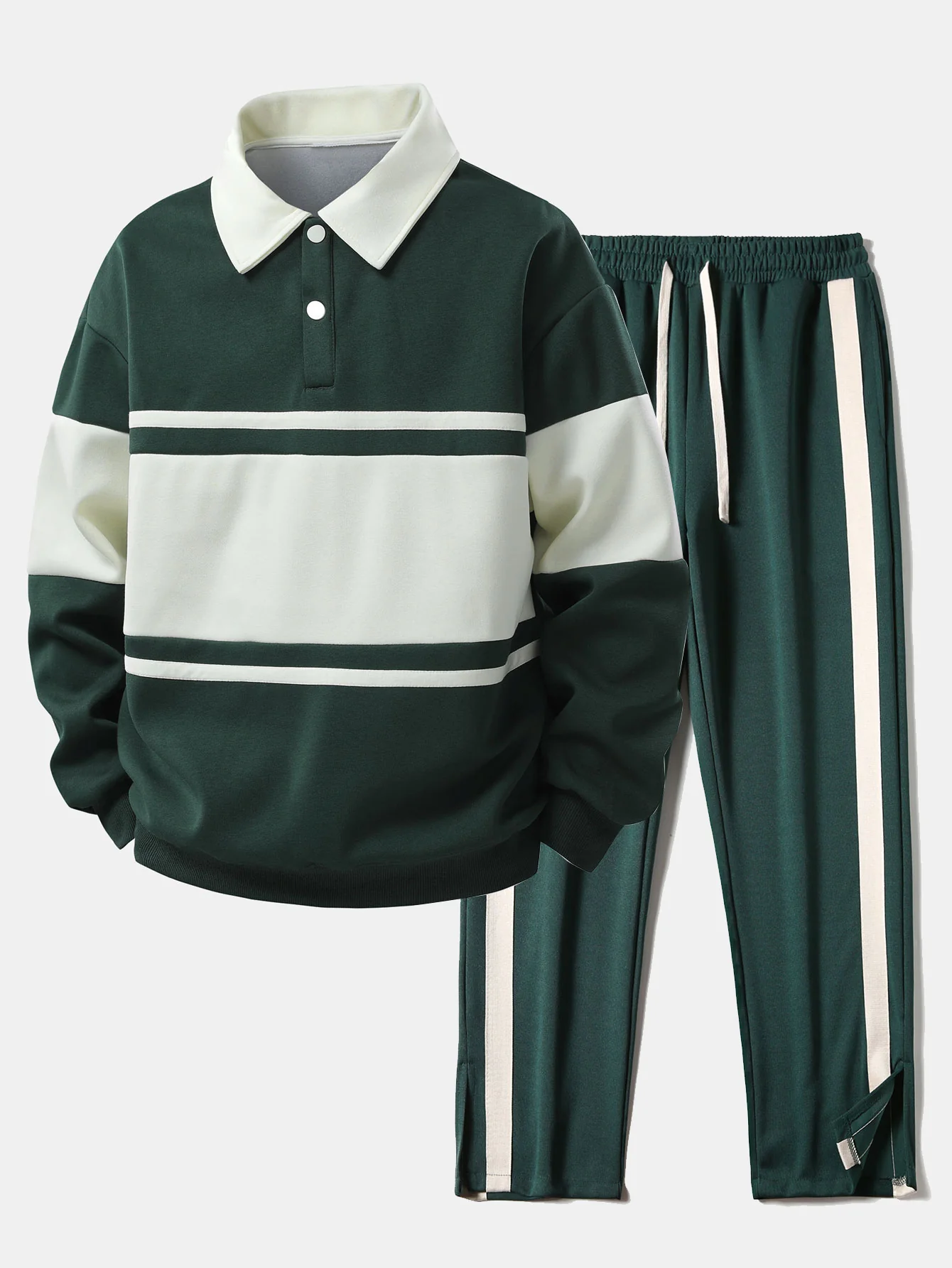 Relax Fit Farbe Block Patchwork Poloshirts Sweatshirt & Schlitzsaum Streifenhose