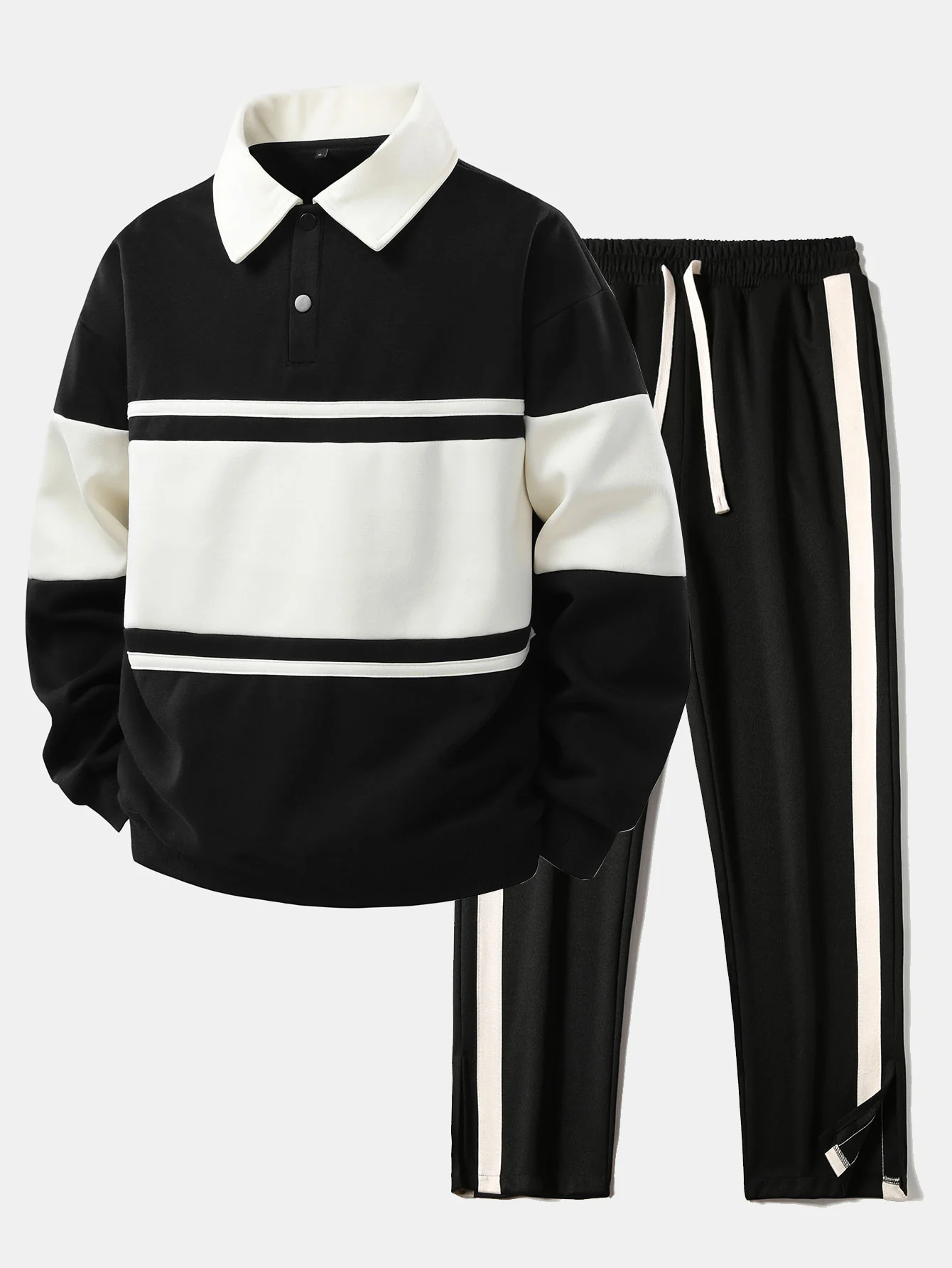 Relax Fit Farbe Block Patchwork Poloshirts Sweatshirt & Schlitzsaum Streifenhose - Image 2