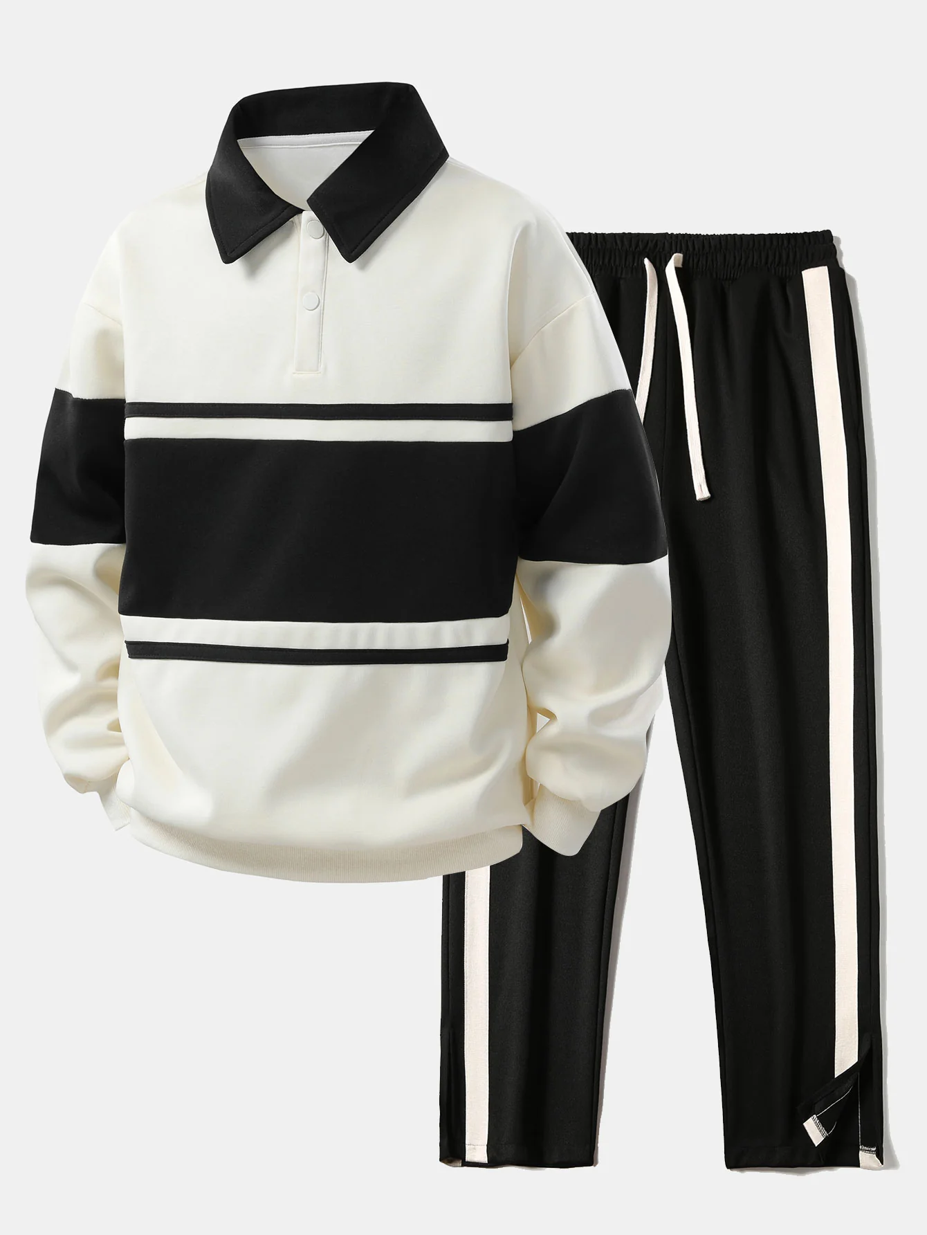 Relax Fit Farbe Block Patchwork Poloshirts Sweatshirt & Schlitzsaum Streifenhose - Image 3
