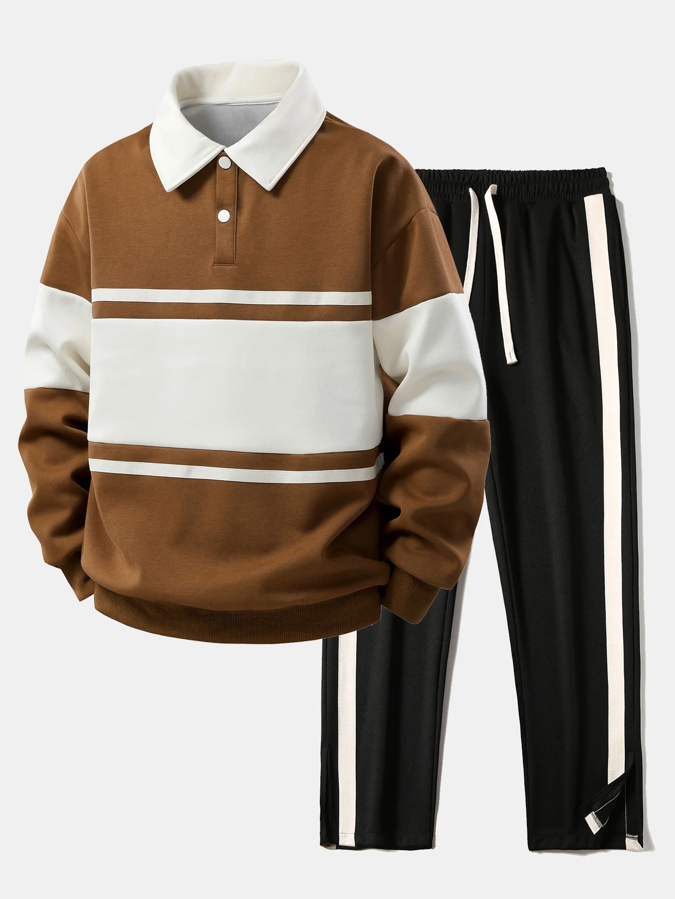Relax Fit Farbe Block Patchwork Poloshirts Sweatshirt & Schlitzsaum Streifenhose - Image 4