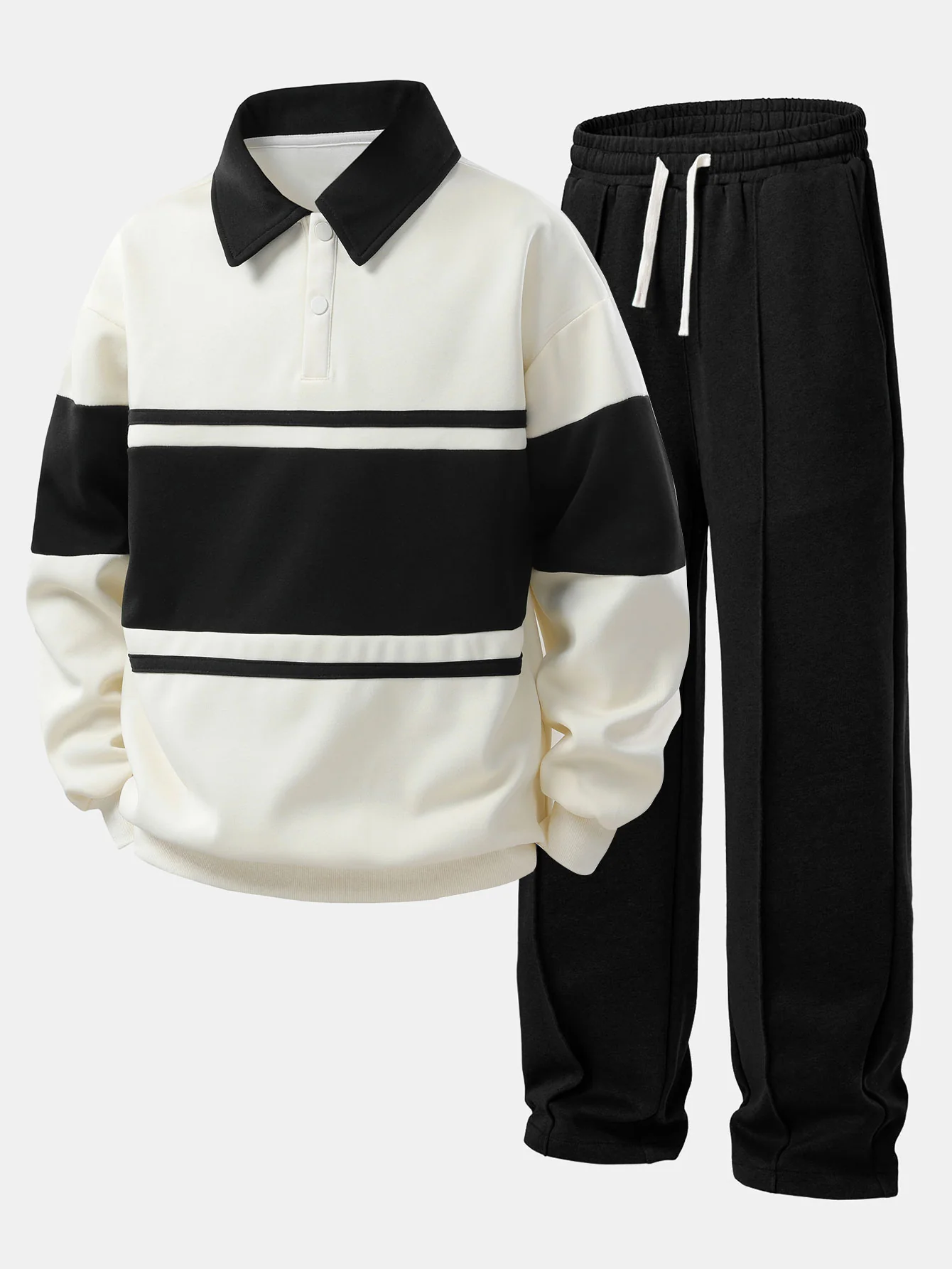 Relax Fit Color Block Patchwork Polo Sweatshirt & Straight Leg Pleated Pintuck Sweatpants - Image 2