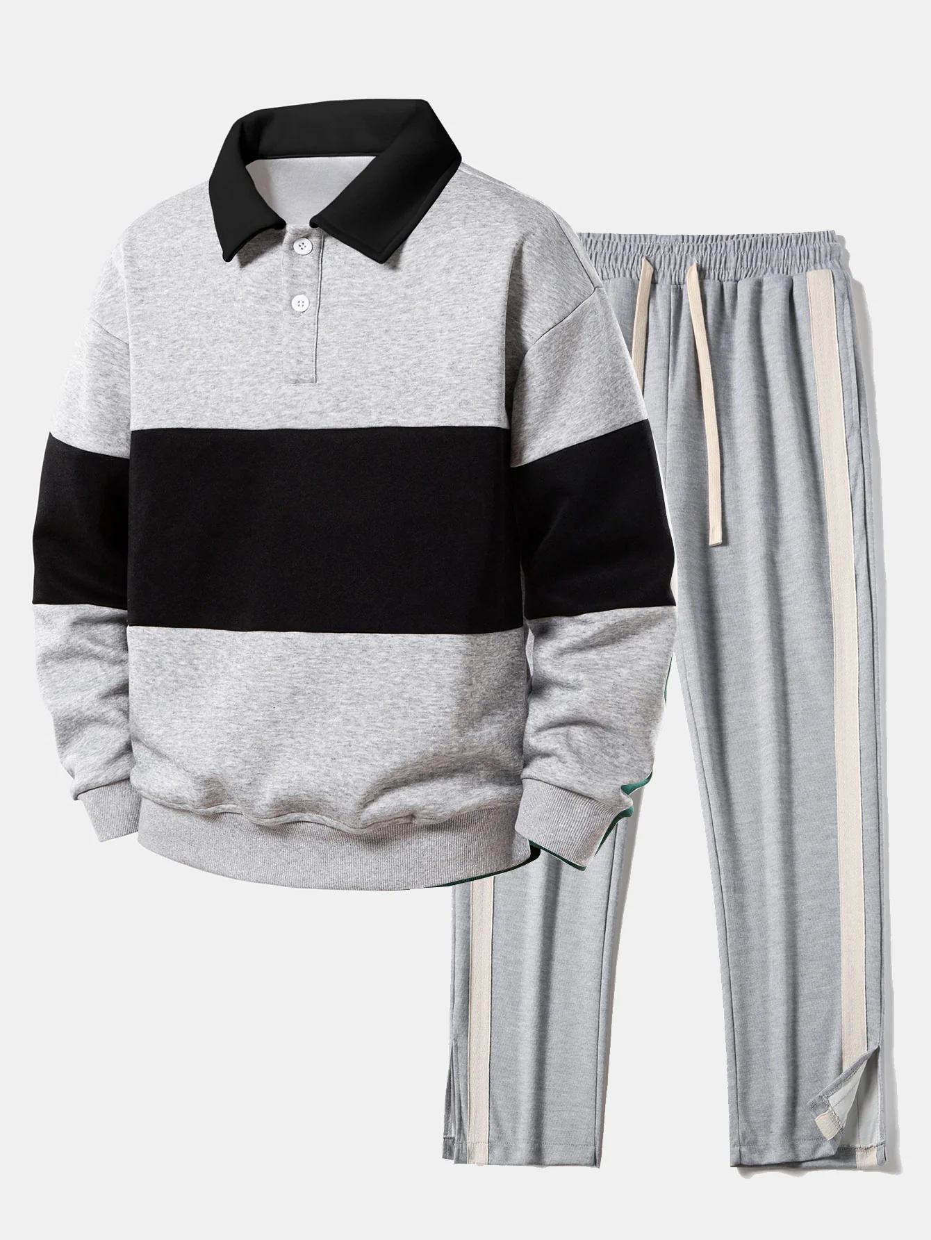 Relax Fit Farbe Block Poloshirts Kragen Sweatshirt & Schlitz Saum Streifen Hose - Image 2