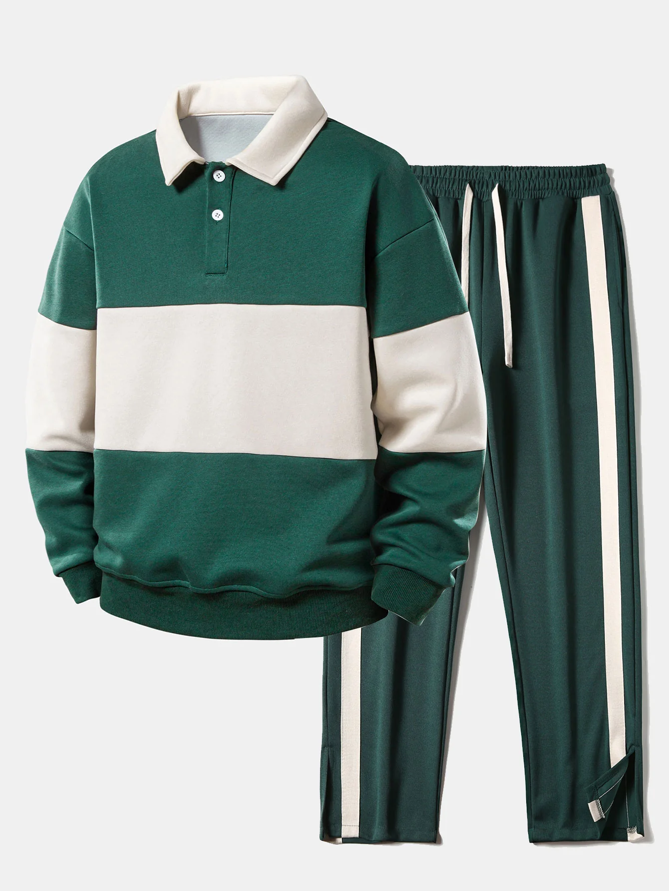 Relax Fit Farbe Block Poloshirts Kragen Sweatshirt & Schlitz Saum Streifen Hose - Image 3