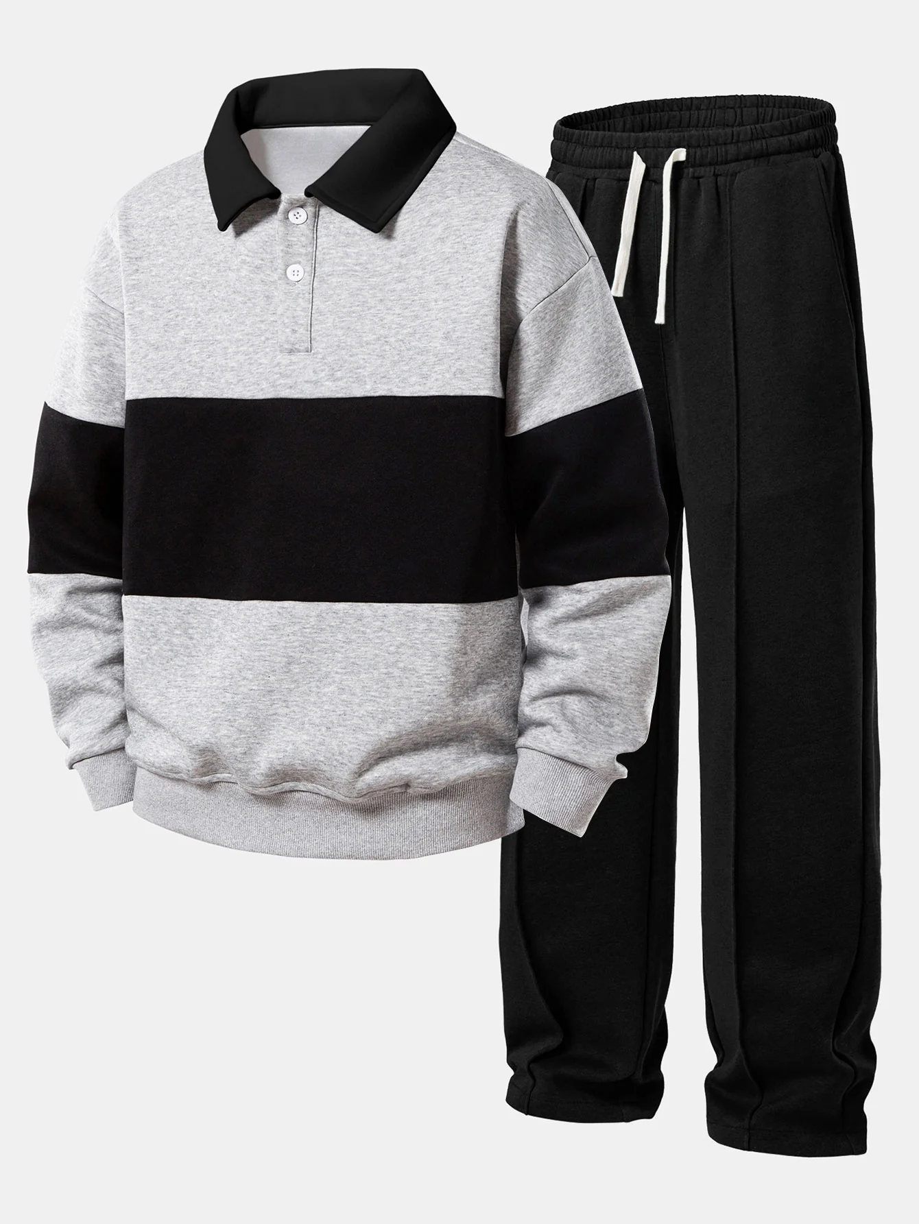 Relax Fit Color Block Polo Collar Sweatshirt & Straight Leg Pleated Pintuck Sweatpants - Image 2