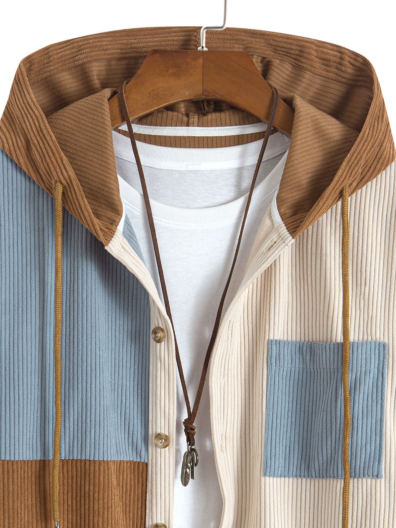 Entspannt geschnittenes Colorblock-Corduroy-Hemd mit Kapuze - Image 9