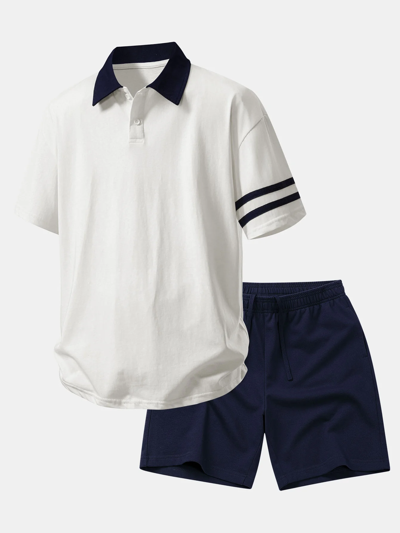 Relax Fit Contrast Collar Polo Shirt & Cotton Drawstring 7" Shorts - Image 3