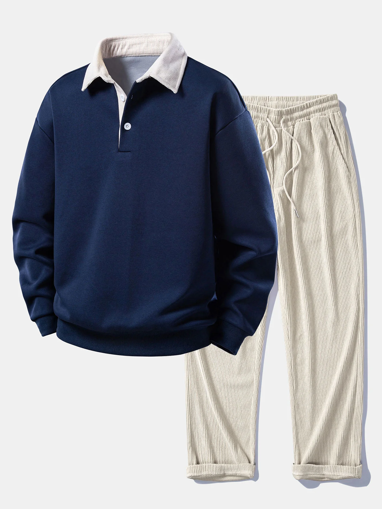 Relax Fit Contrast Corduroy Polo Collar Sweatshirt & Straight Leg Corduroy Pants - Image 2