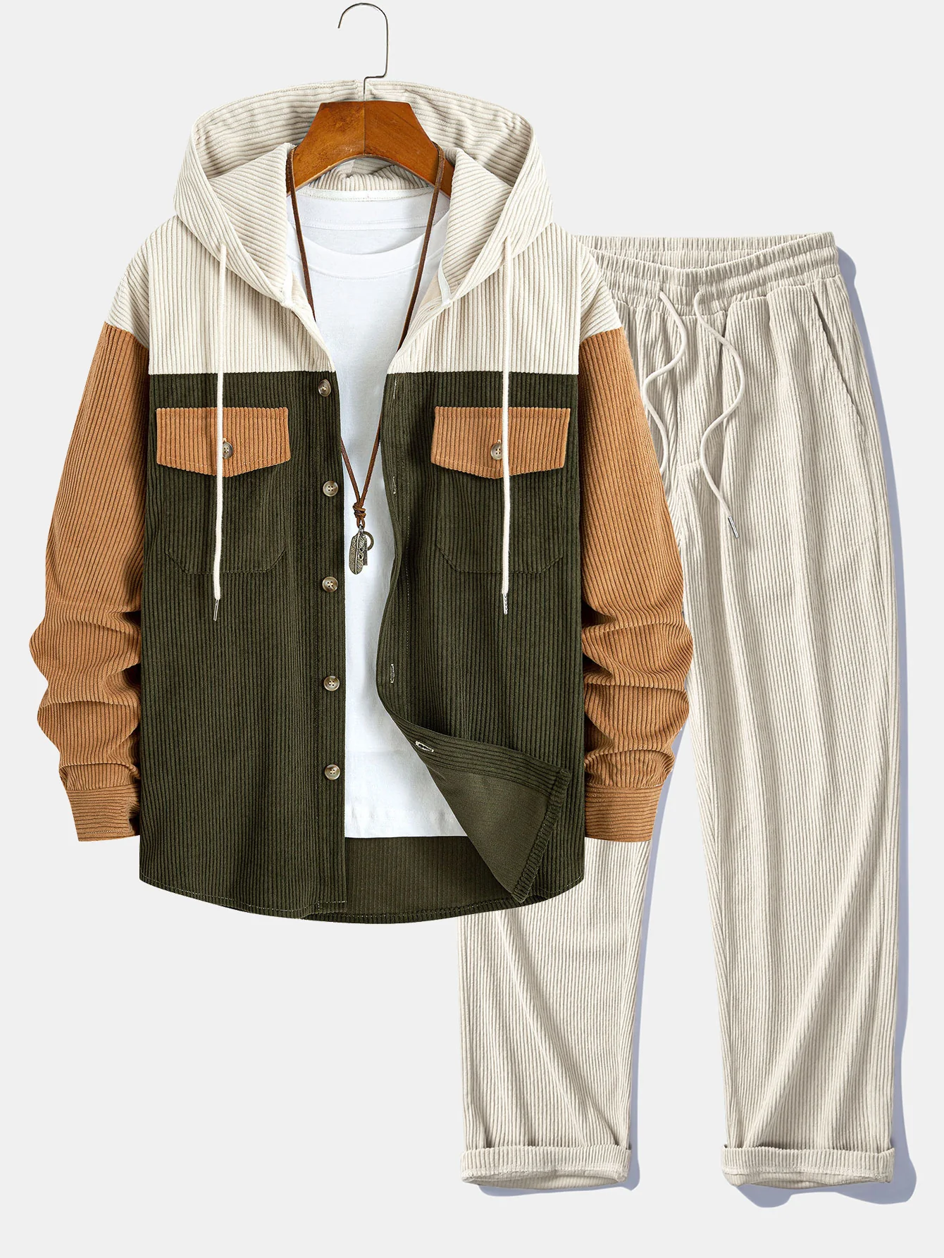 Relax Fit Corduroy Patchwork Hooded Shirt With Pockets & Straight Leg Corduroy Pants - Image 2