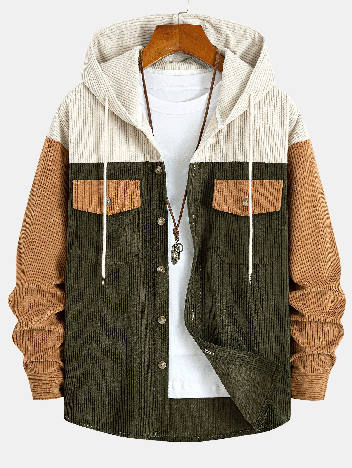 Relax Fit Corduroy Patchwork Hooded Shirt With Pockets & Straight Leg Corduroy Pants - Image 3