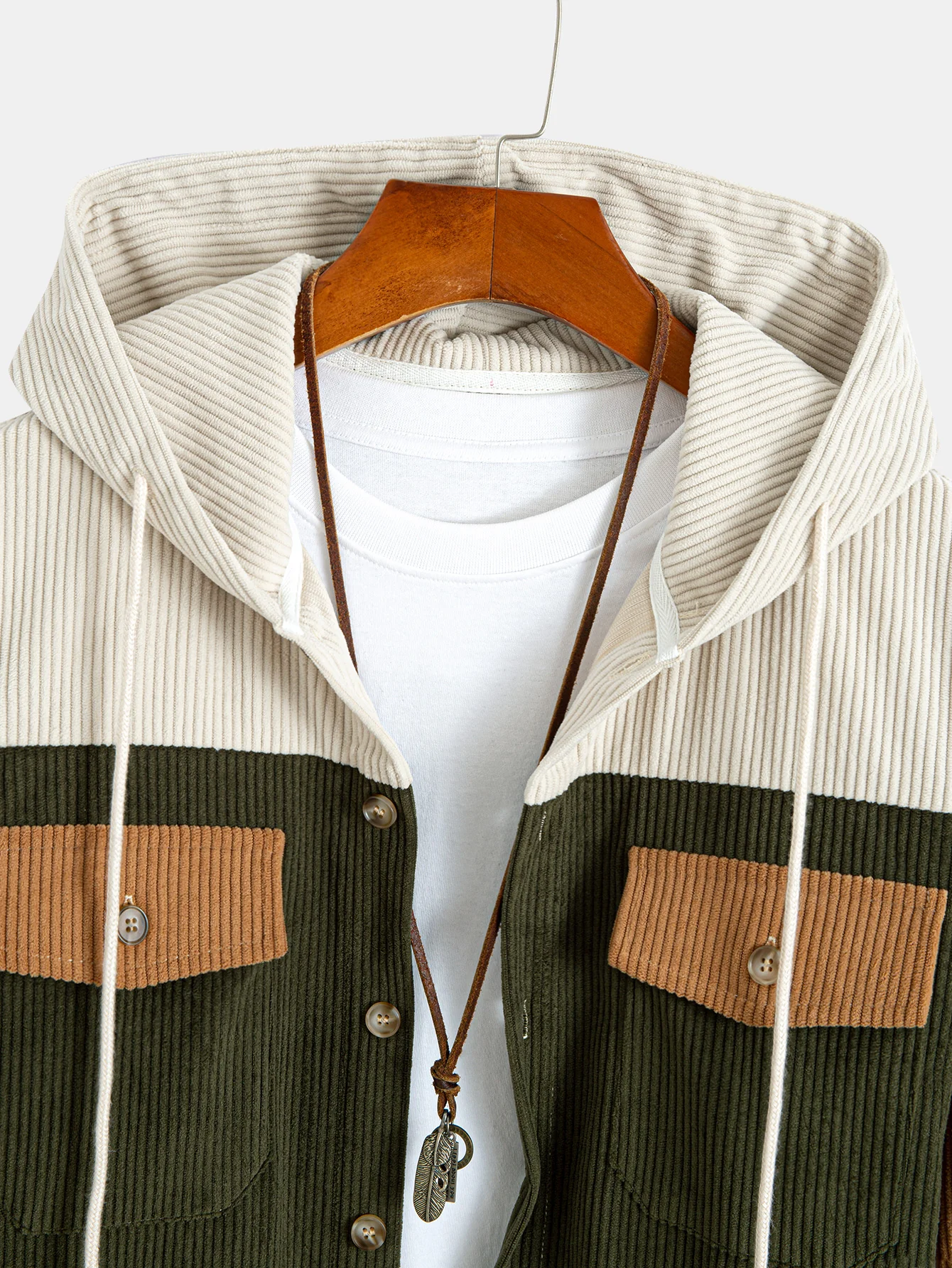 Relax Fit Corduroy Patchwork Hooded Shirt With Pockets & Straight Leg Corduroy Pants - Image 9