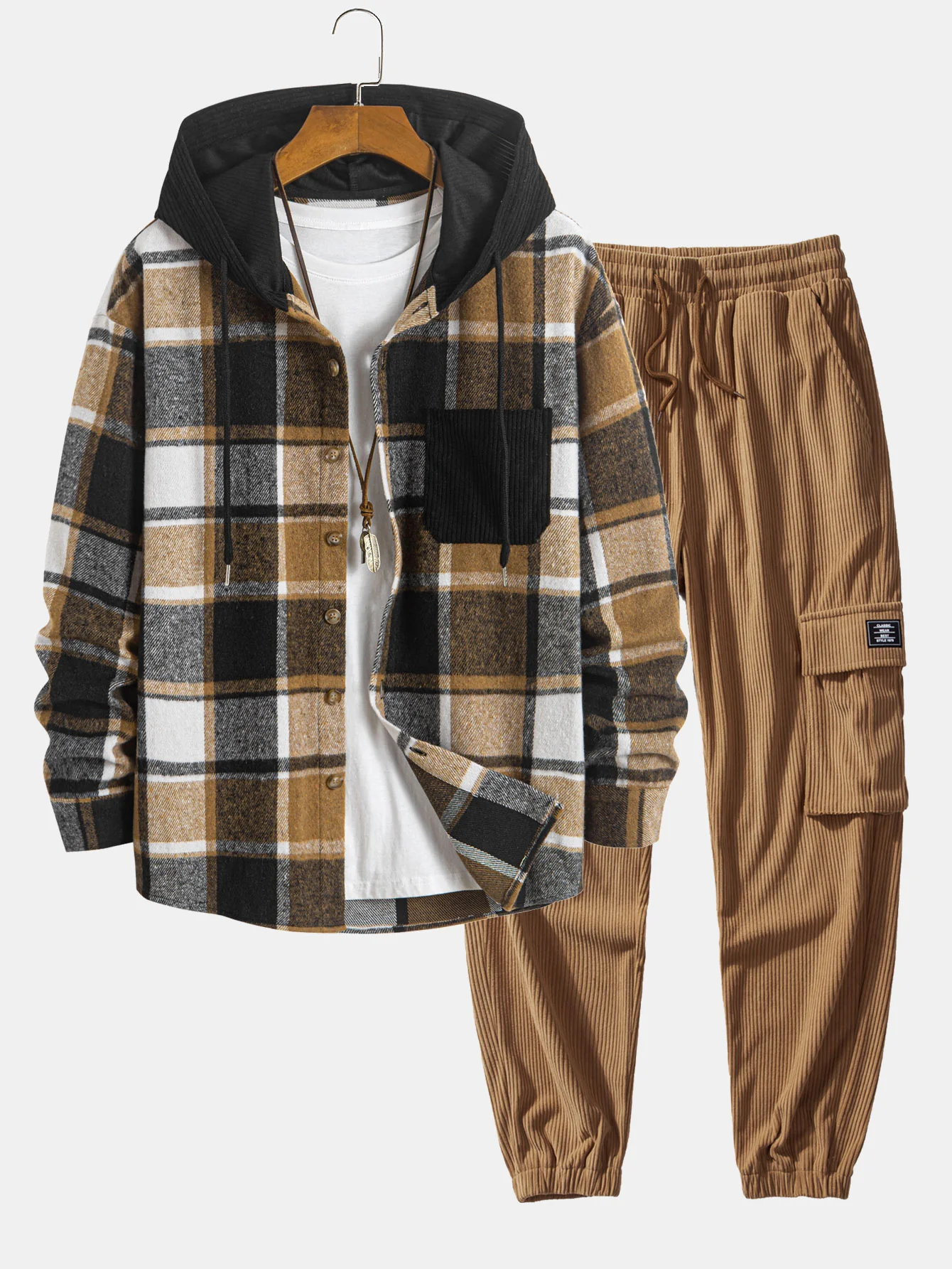 Entspannte Passform Corduroy Karo Kapuzenhemd & Kord Cargo Jogginghose mit Kordelzug - Image 2
