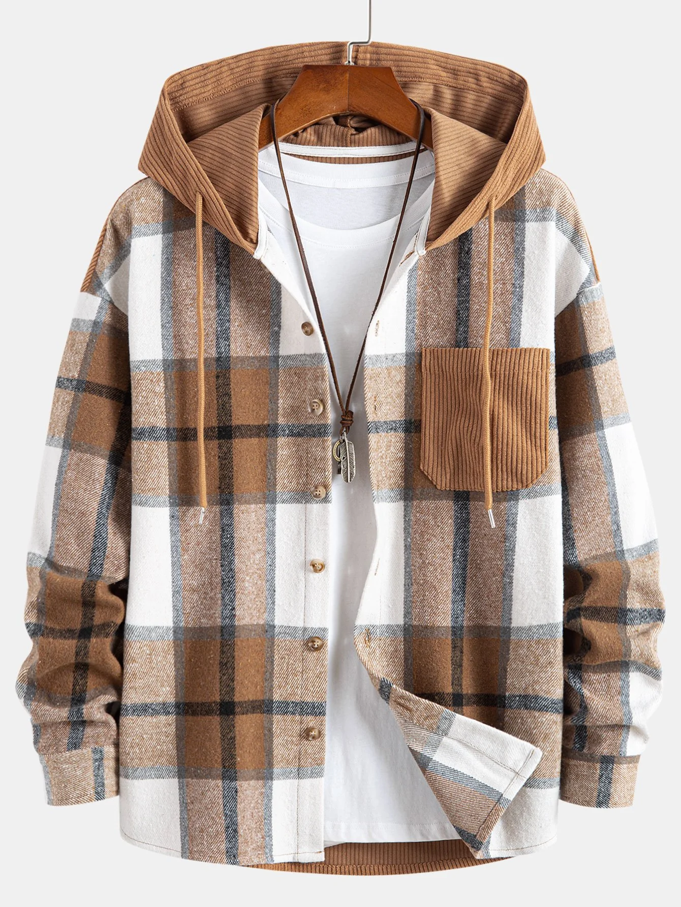 Entspanntes Fit Corduroy Flanell Karierter Patchwork Kapuzenhemd