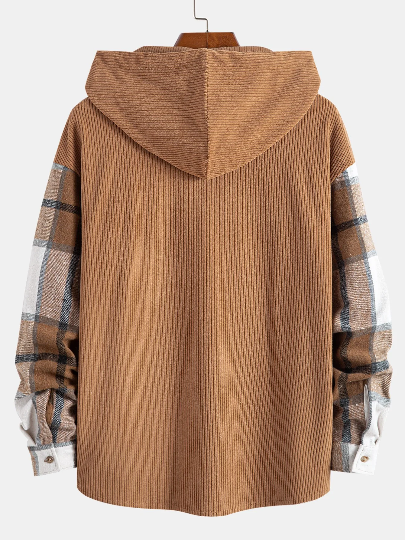 Entspanntes Fit Corduroy Flanell Karierter Patchwork Kapuzenhemd - Image 2