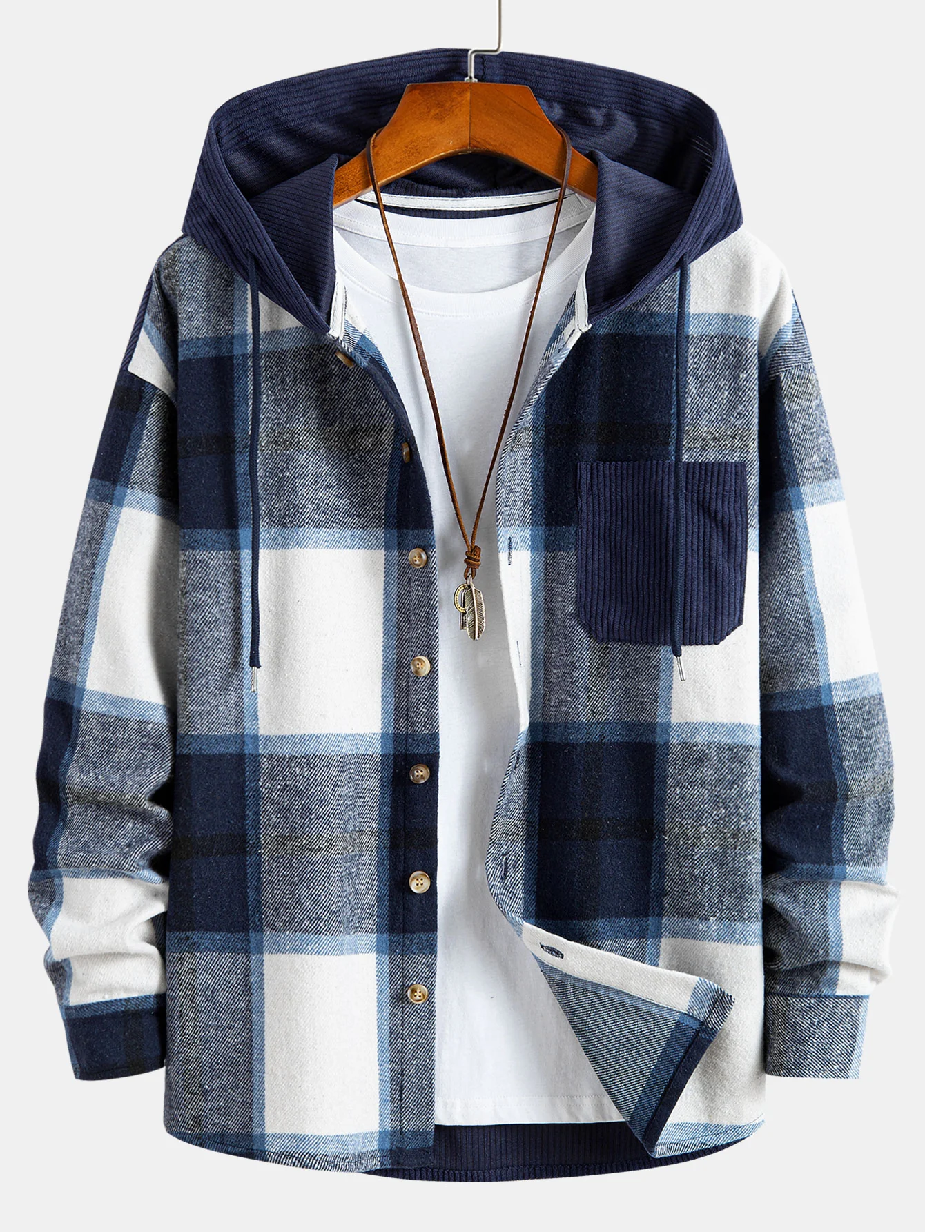 Entspanntes Fit Corduroy Flanell Karierter Patchwork Kapuzenhemd - Image 3