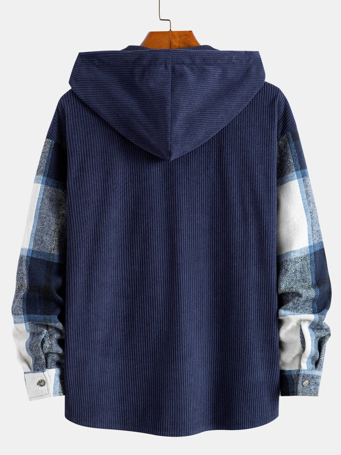 Entspanntes Fit Corduroy Flanell Karierter Patchwork Kapuzenhemd - Image 4