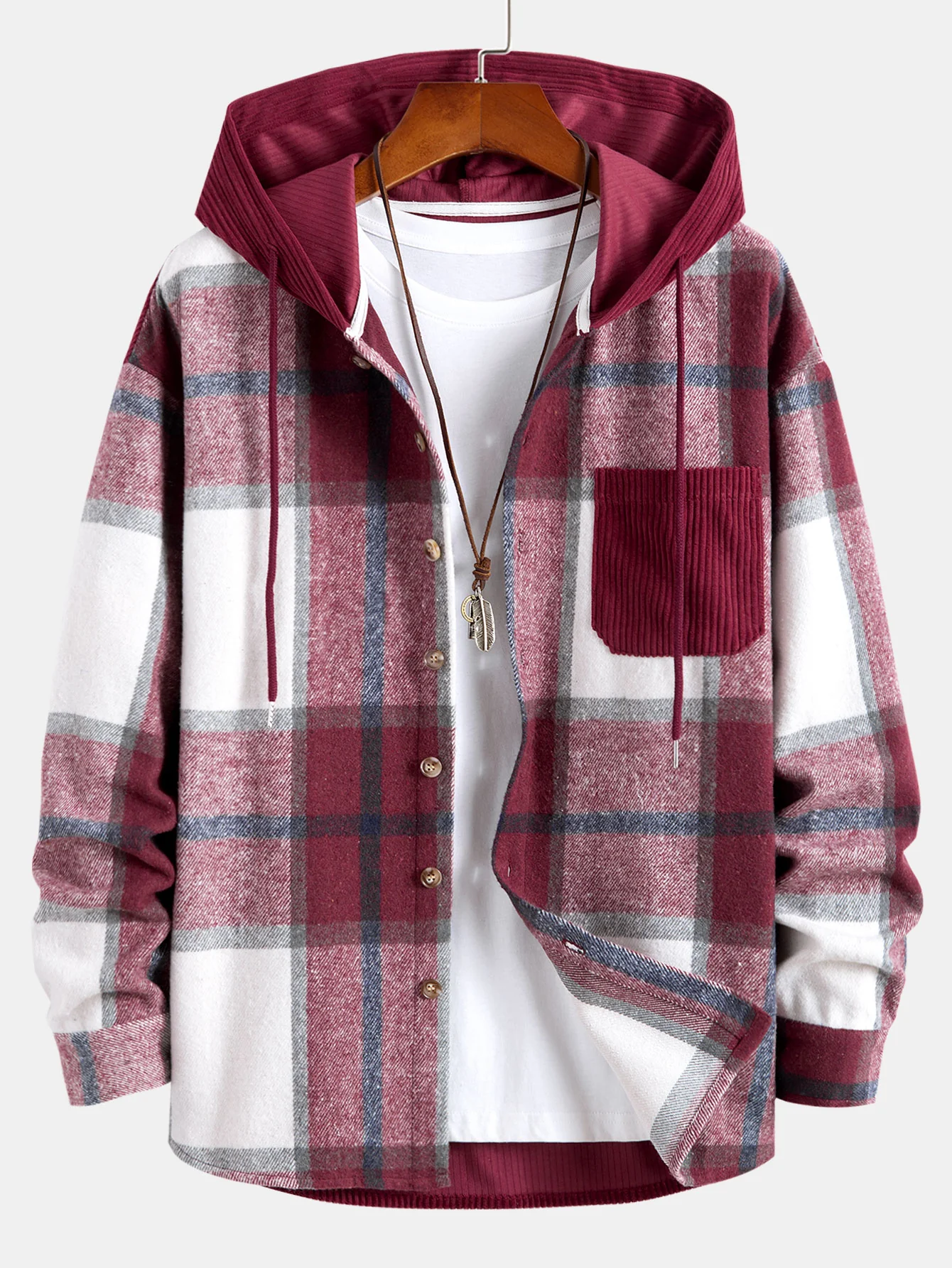 Entspanntes Fit Corduroy Flanell Karierter Patchwork Kapuzenhemd - Image 5