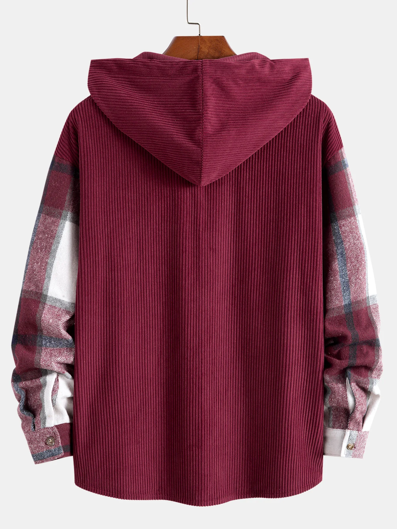 Entspanntes Fit Corduroy Flanell Karierter Patchwork Kapuzenhemd - Image 6