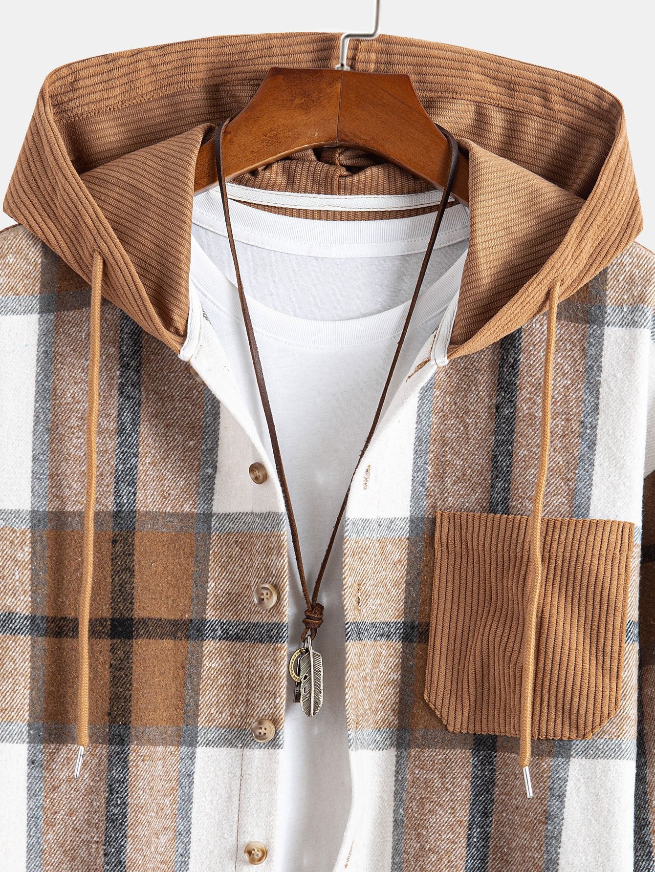 Entspanntes Fit Corduroy Flanell Karierter Patchwork Kapuzenhemd - Image 7
