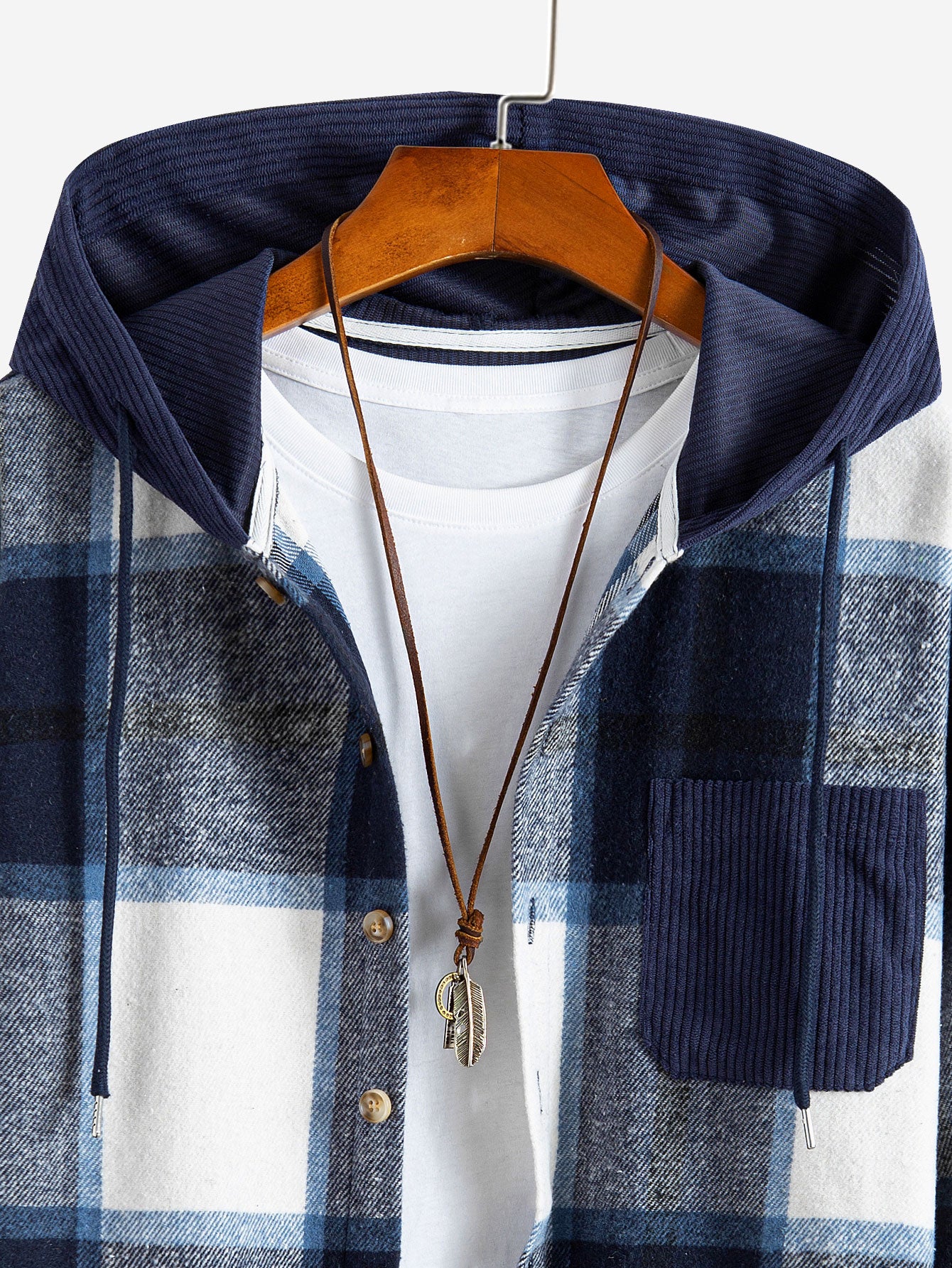 Entspanntes Fit Corduroy Flanell Karierter Patchwork Kapuzenhemd - Image 8