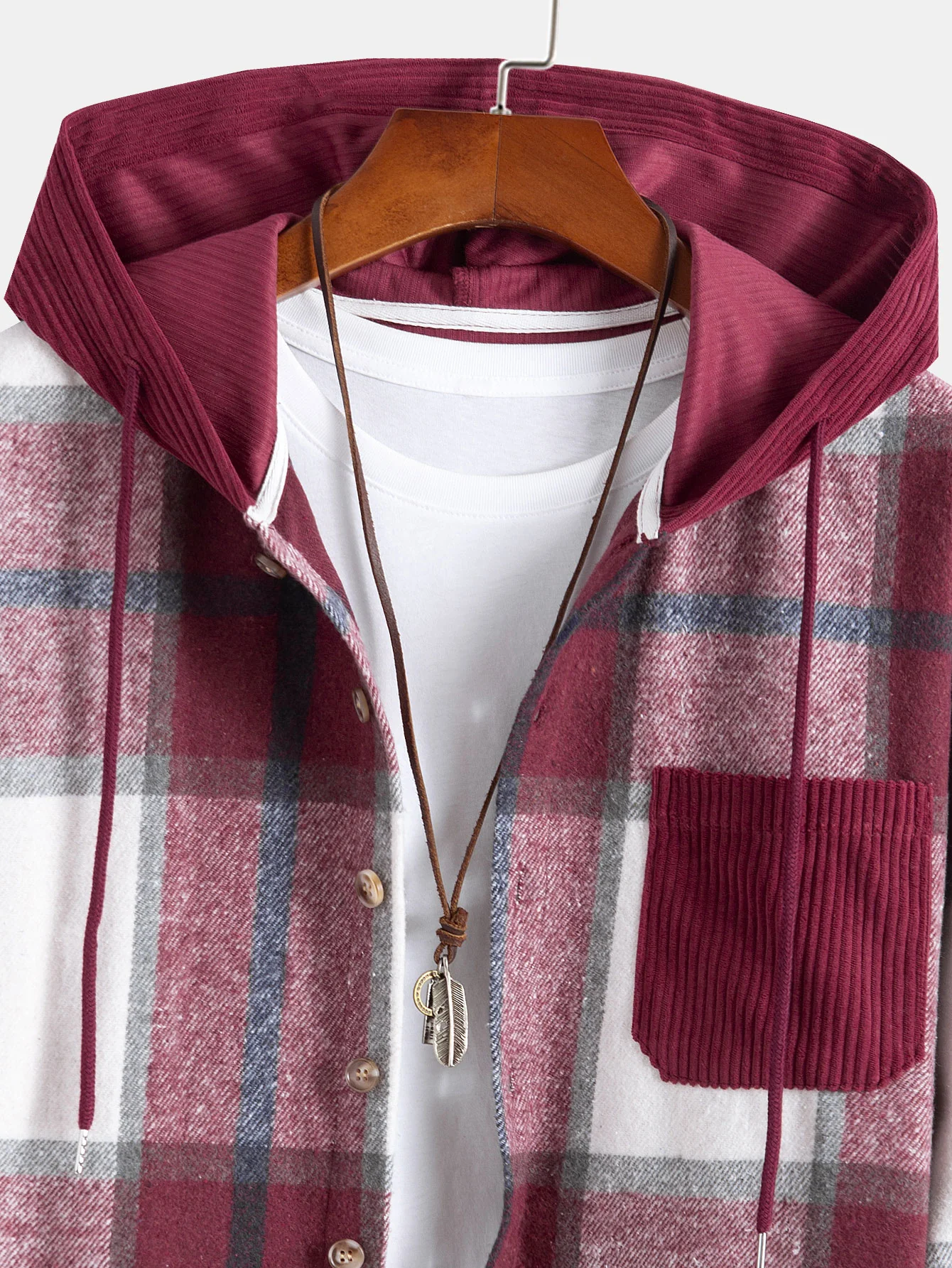 Entspanntes Fit Corduroy Flanell Karierter Patchwork Kapuzenhemd - Image 9