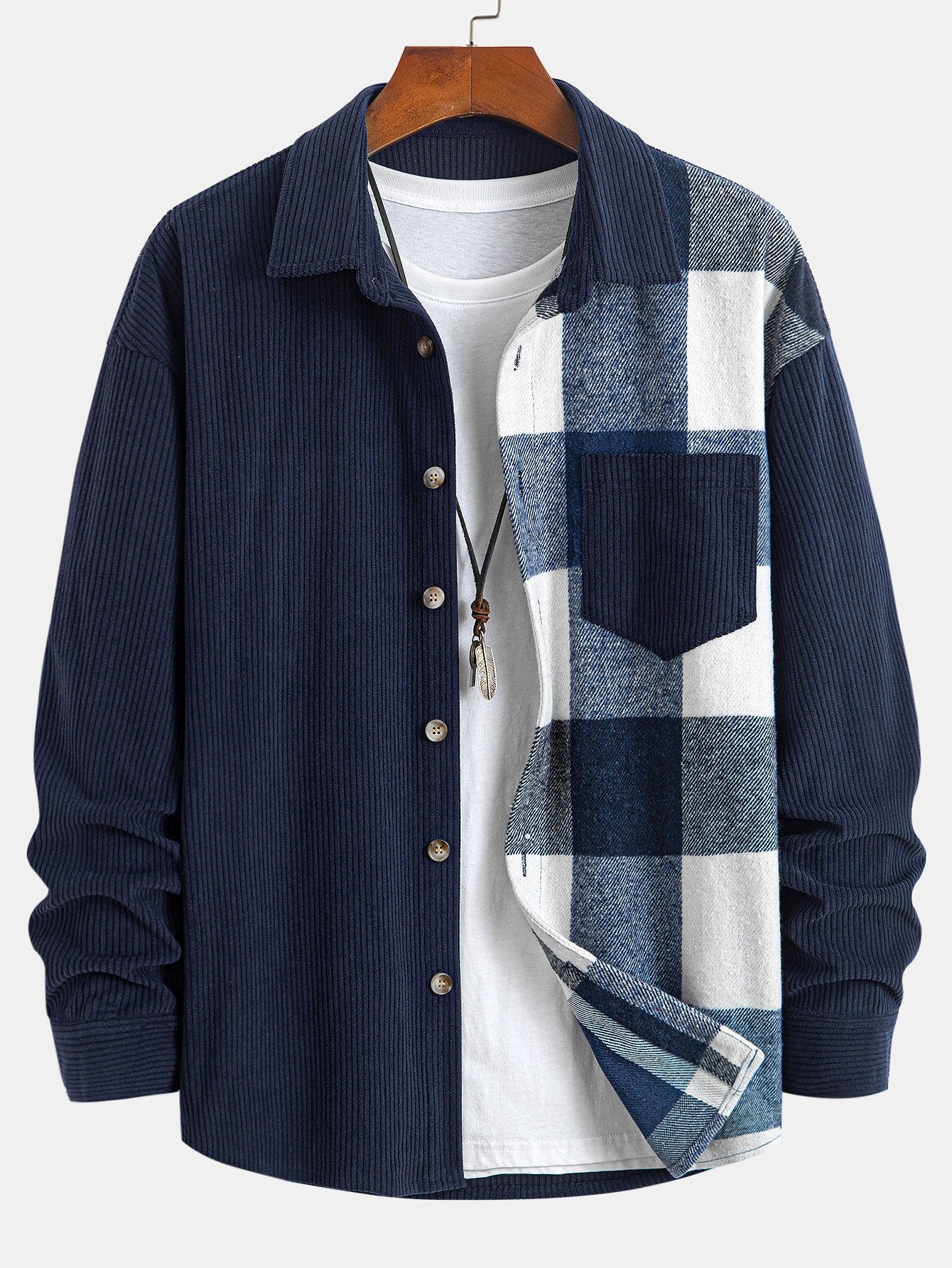 Entspannte Passform Corduroy Karo Patchwork Hemd - Image 3