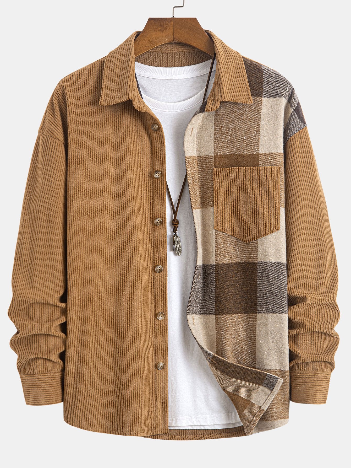 Entspannte Passform Corduroy Karo Patchwork Hemd & Kordelzug Corduroy Cargo Jogginghose - Image 3