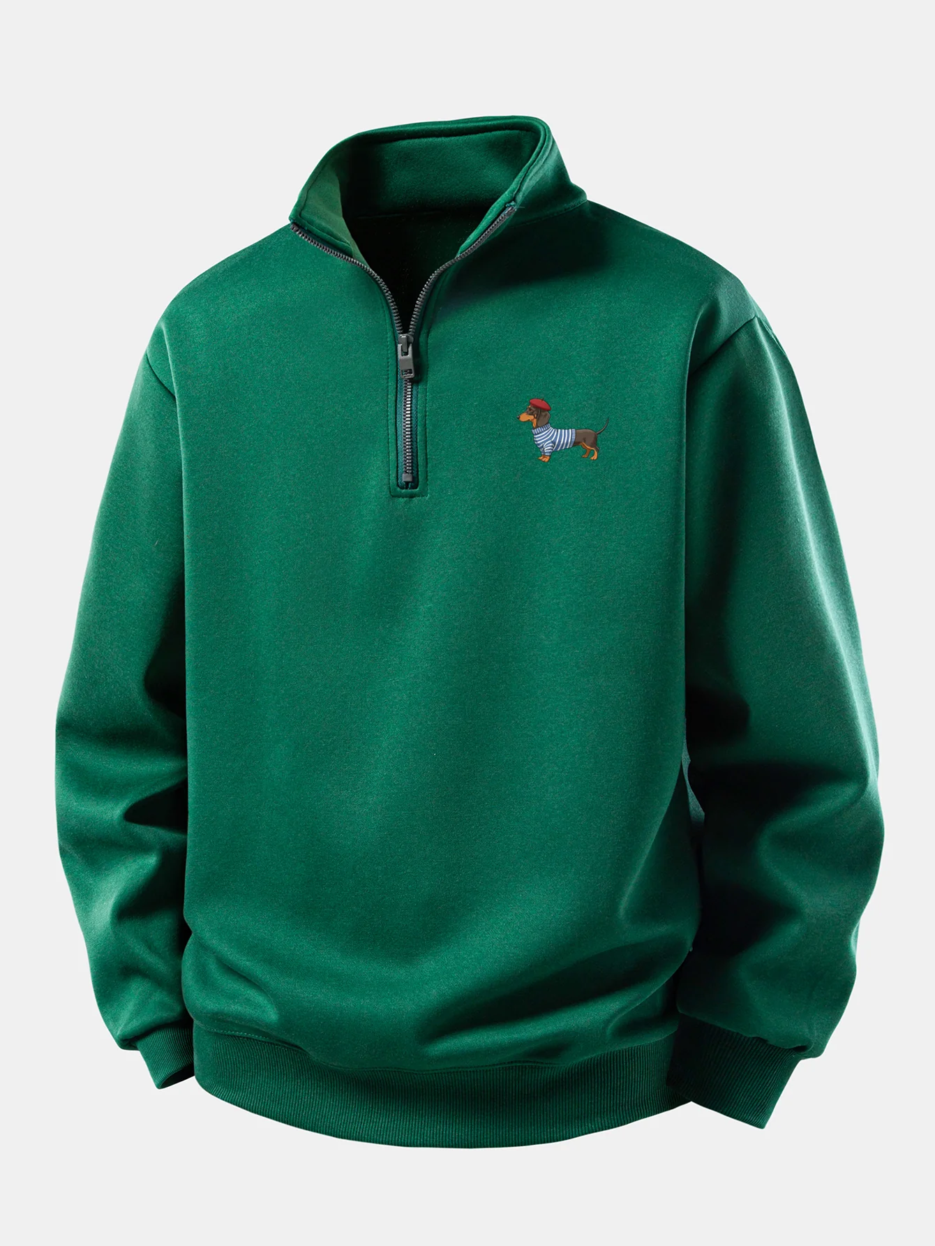 Relax Fit Dachshund Wearing Striped Sweater Print Quarter Zip Sweatshirt - Image 3