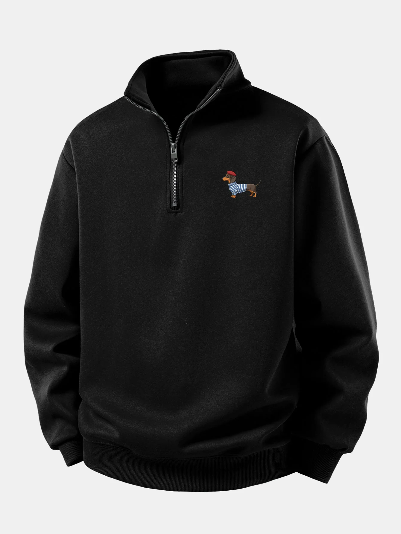 Relax Fit Dachshund Wearing Striped Sweater Print Quarter Zip Sweatshirt - Image 5